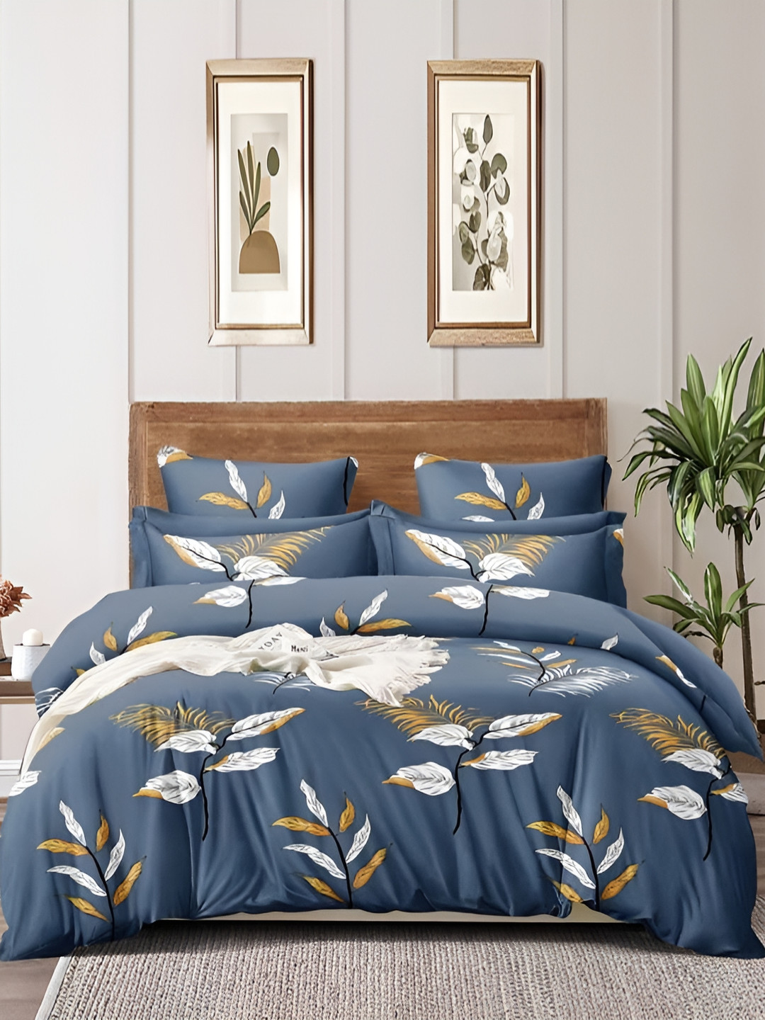 

MallowWorld 3-Pcs White & Blue Printed 200TC Double Bedcover With Pillow Cover