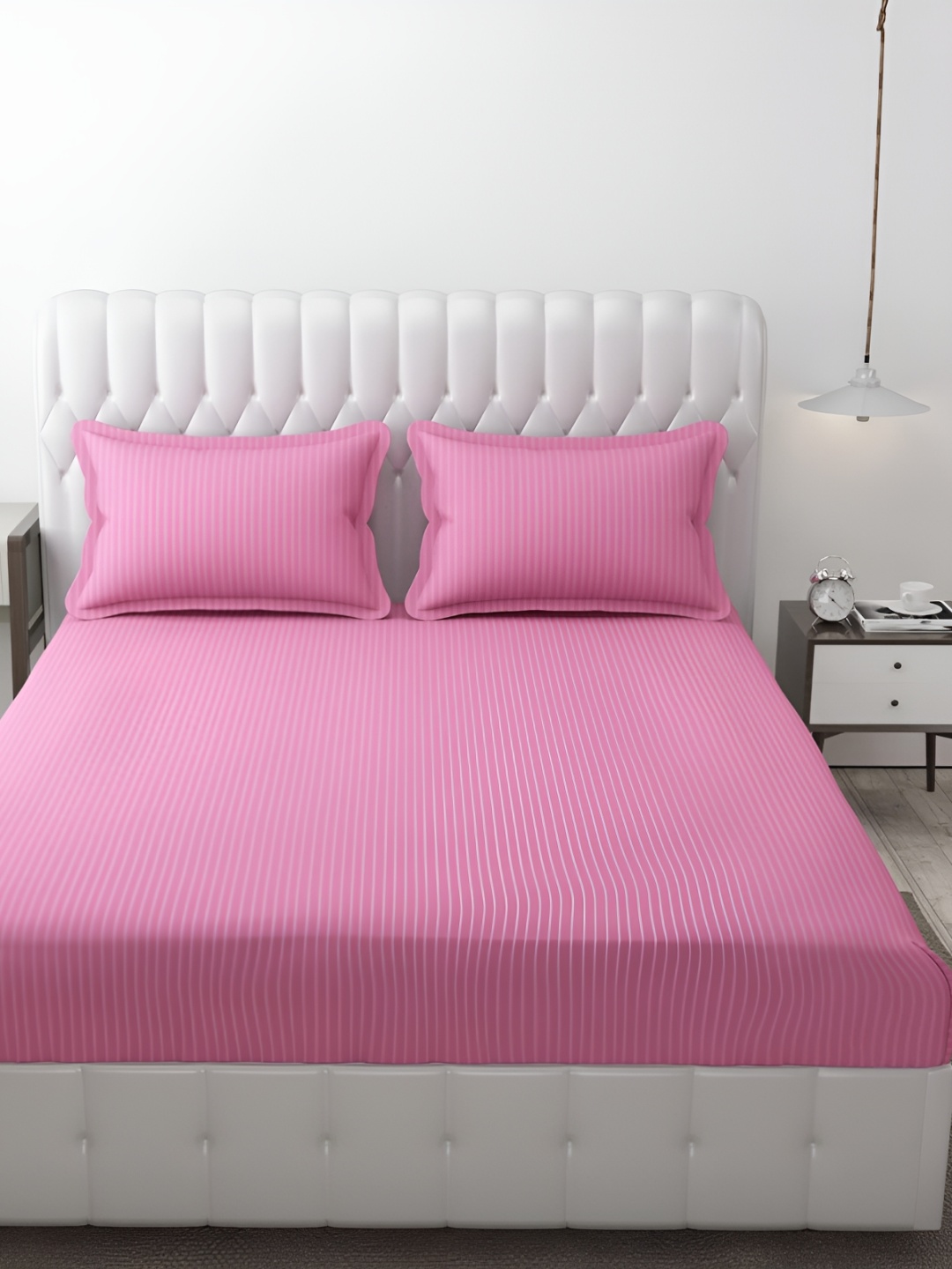 

MallowWorld Pink Striped 200 TC Fitted King Bedsheet With 2 Pillow Covers