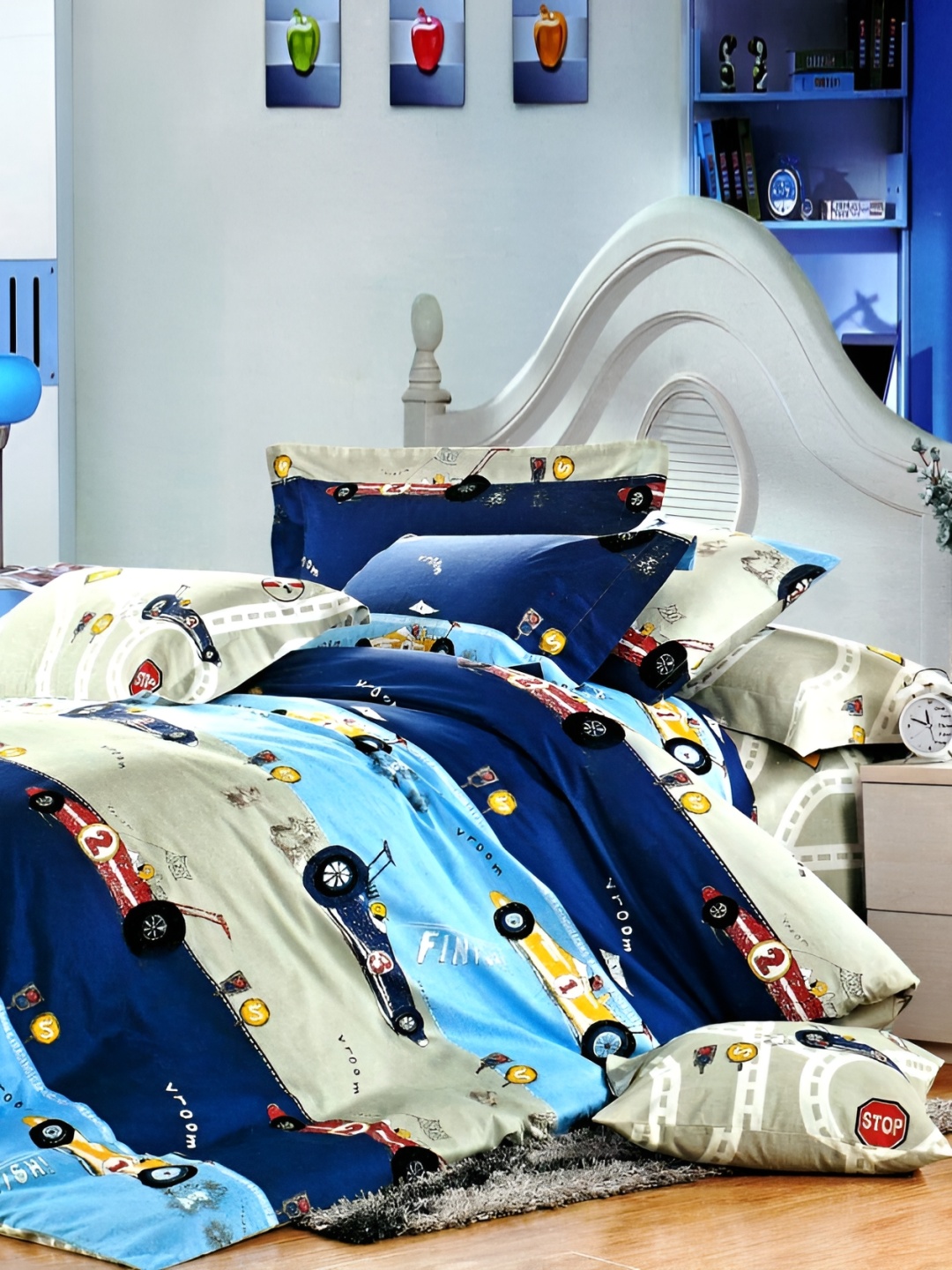 

MallowWorld Navy Blue & Blue Cartoon Printed Single Bed Cover With 2 Pillow Covers