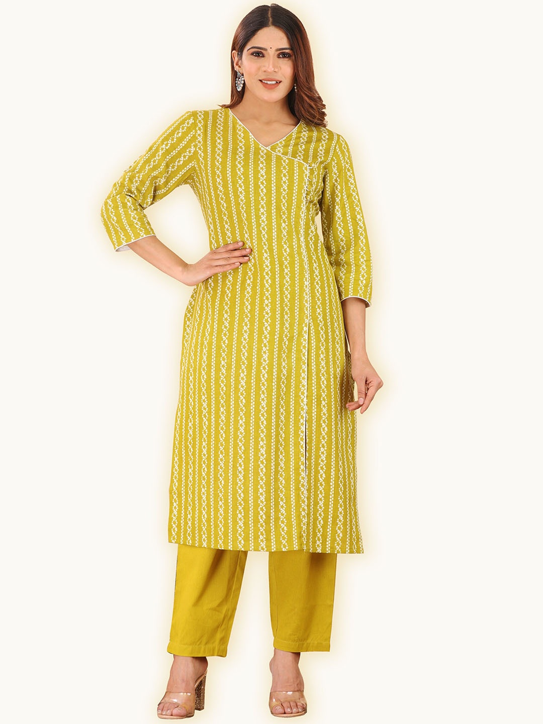 HERE&NOW Abstract Printed V-Neck Cotton Straight Kurta, Green
