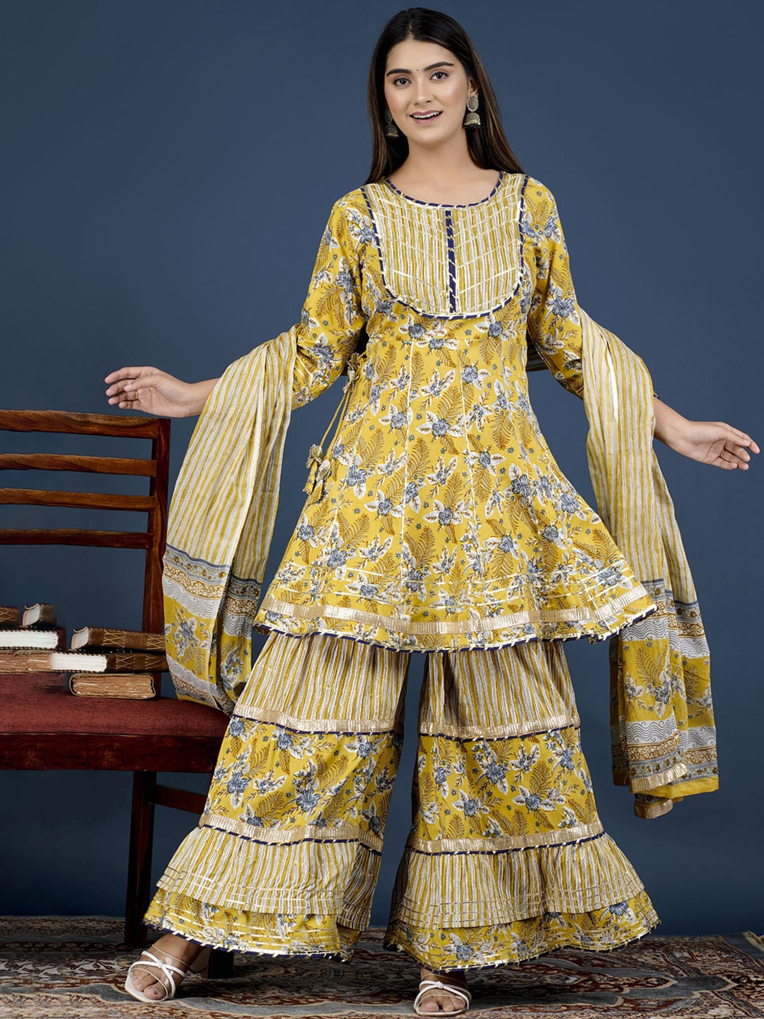 

PARIKSHIT Ethnic Motifs Printed Round Neck A-Line Kurta with Sharara & Dupatta, Yellow