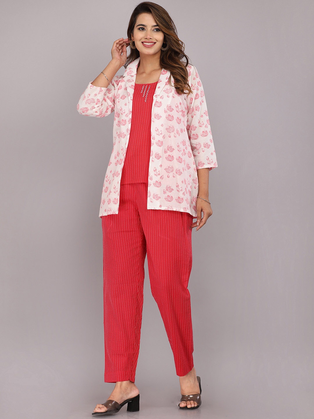 

KANNAHI Striped Top & Trousers With Printed Jacket Set, Red
