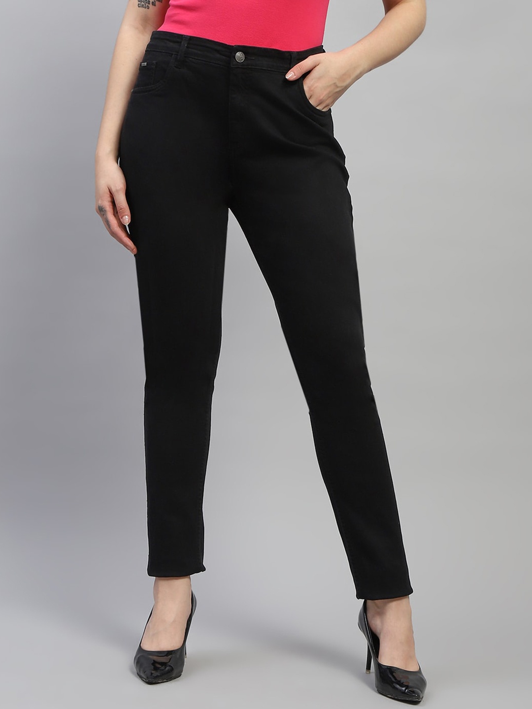 

Monte Carlo Women Mid Rise Clean Look Cotton Jeans, Black