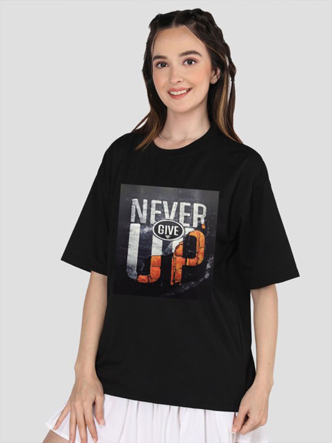 

CHKOKKO Typography Printed Round Neck Short Sleeves Cotton Oversized T-shirt, Black