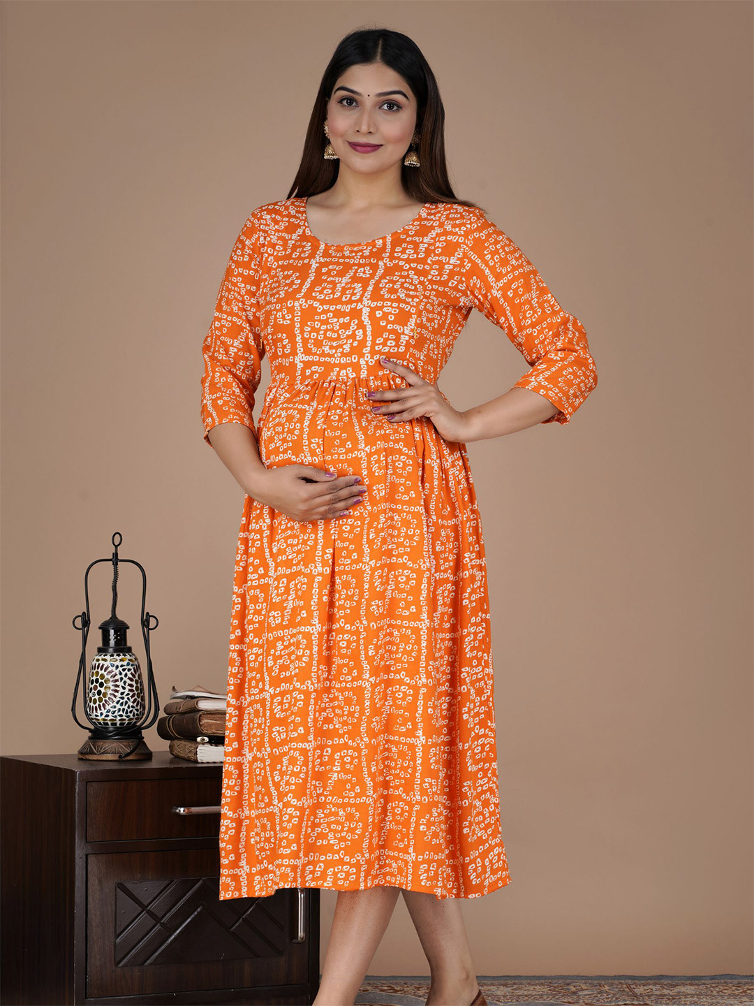 

PARIKSHIT Printed Cotton Knee Length Ethnic Dresses, Orange