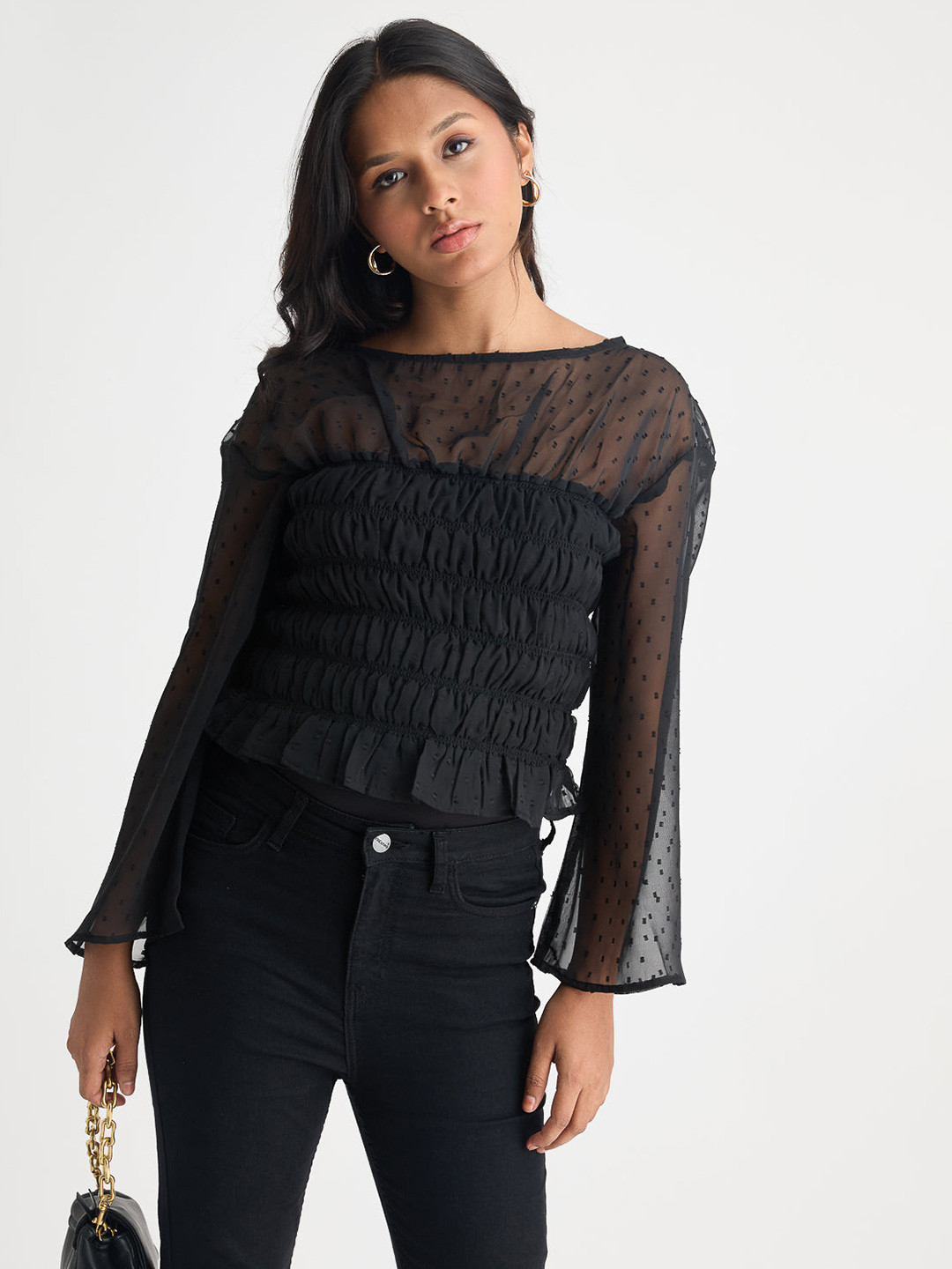 

FREAKINS Flared Sleeve Cotton Top, Black