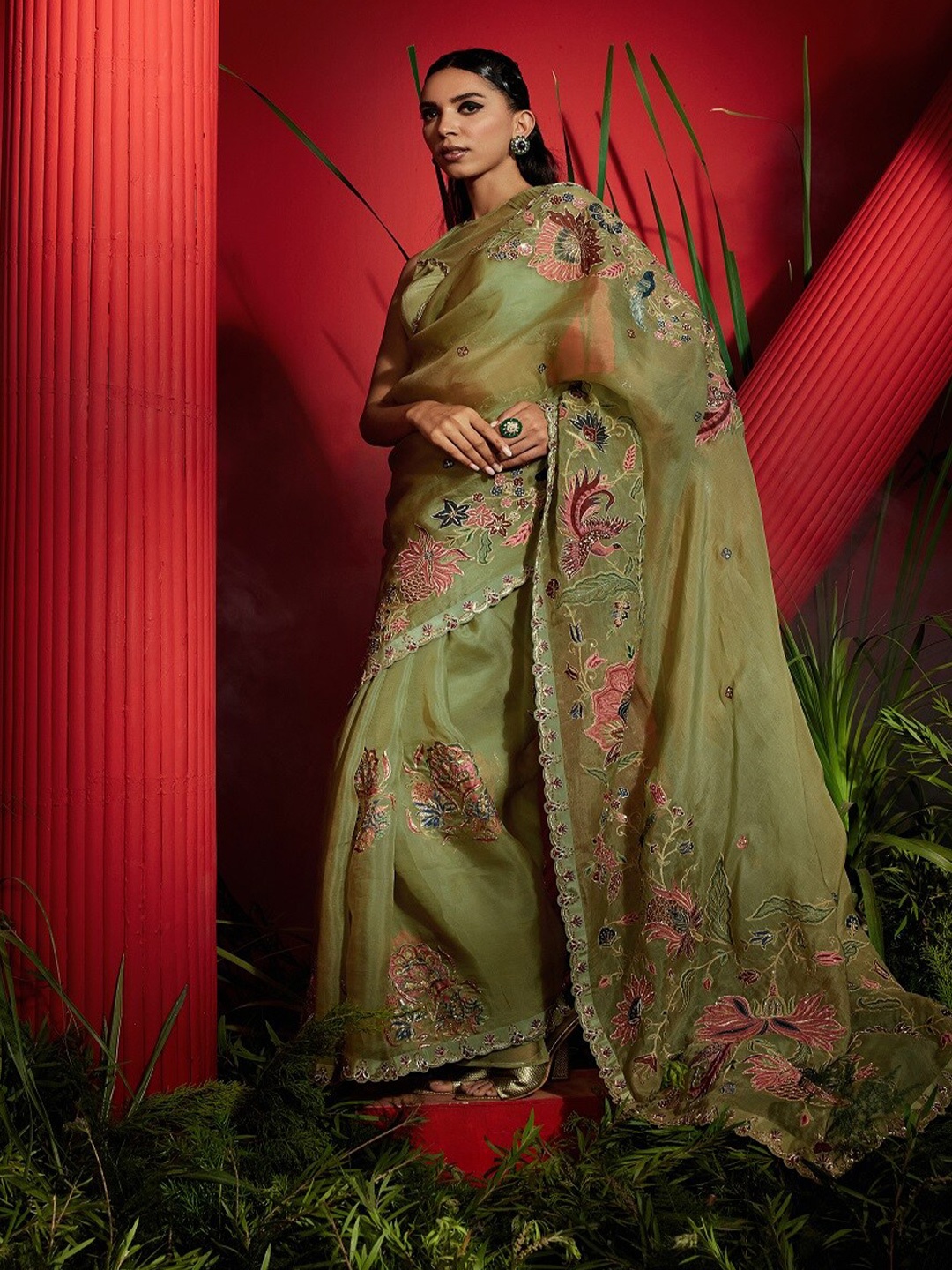 

Shreeka Floral Embroidered Zardozi Organza Saree, Green