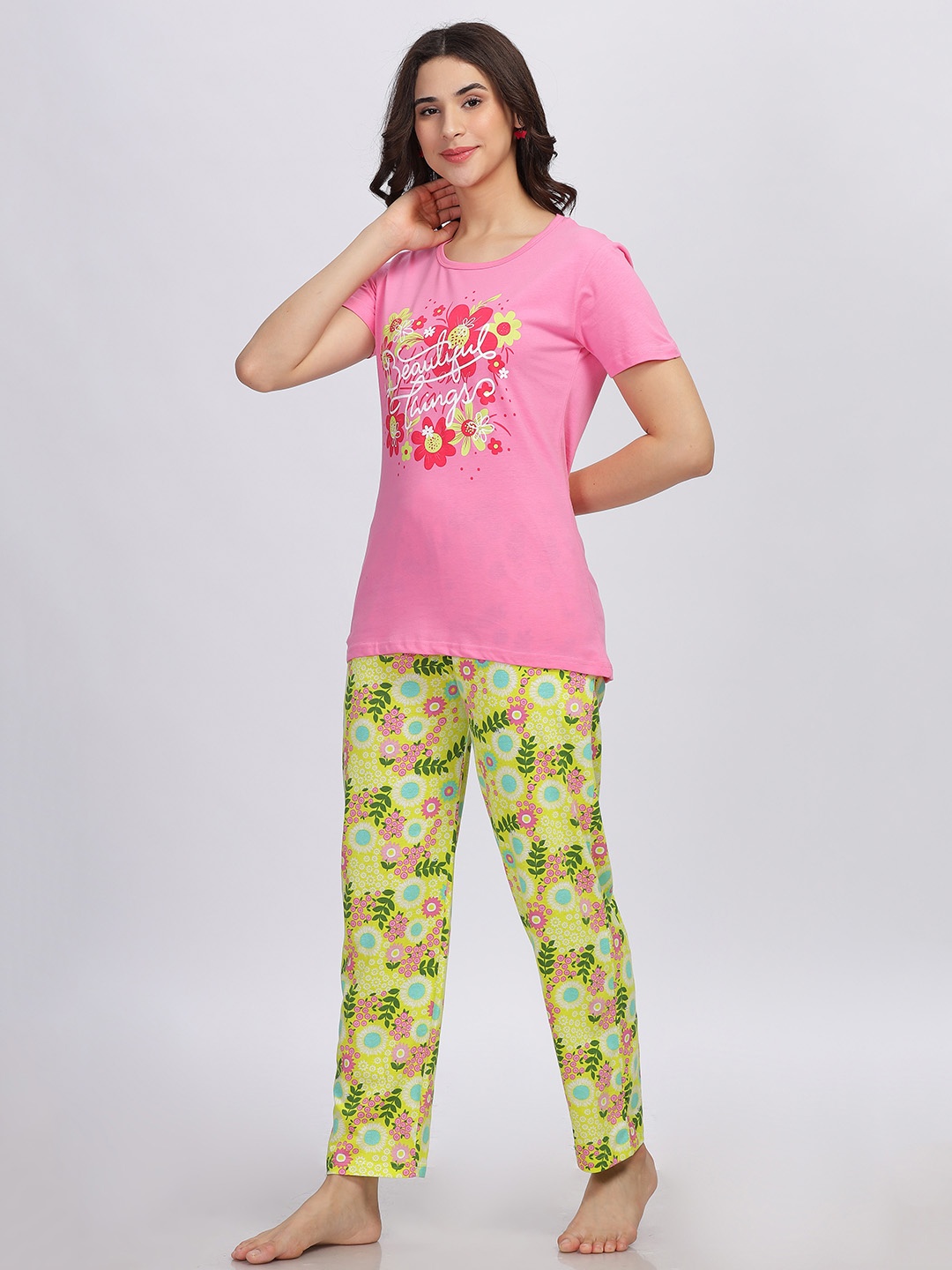 

Elzoh Floral Printed Pure Cotton T-shirt With Trousers, Pink