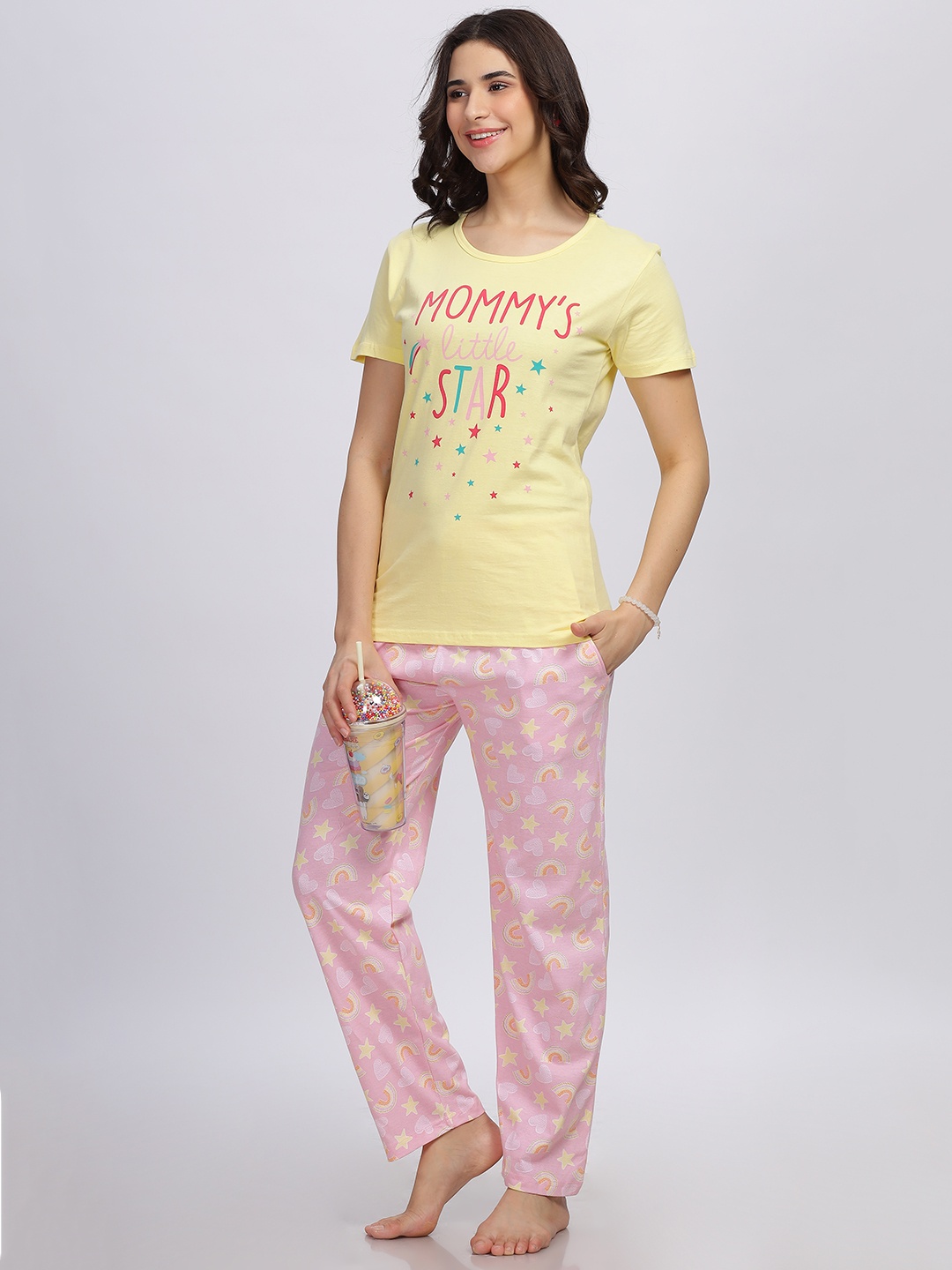 

Elzoh Typography Printed Pure Cotton T-shirt With Trousers, Yellow