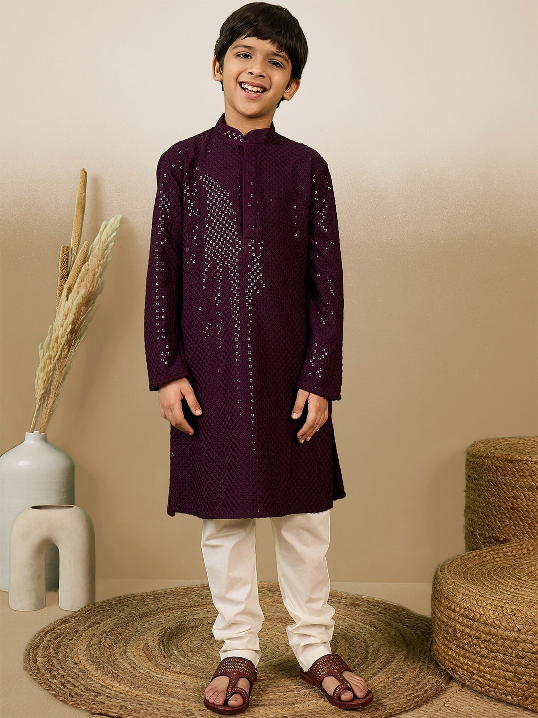 

Sanwara Boys Ethnic Embroidered Motifs Straight Chikankari Kurta With Pyjamas, Purple