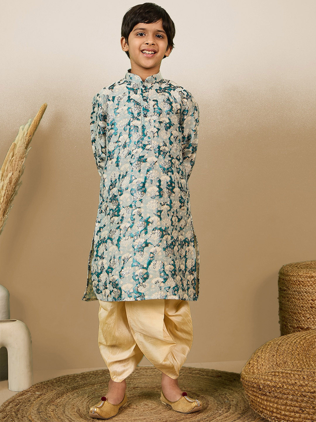 

Sanwara Boys Printed Regular Long Sleeves Mandarin Collar Kurta with Dhoti Pants, Blue