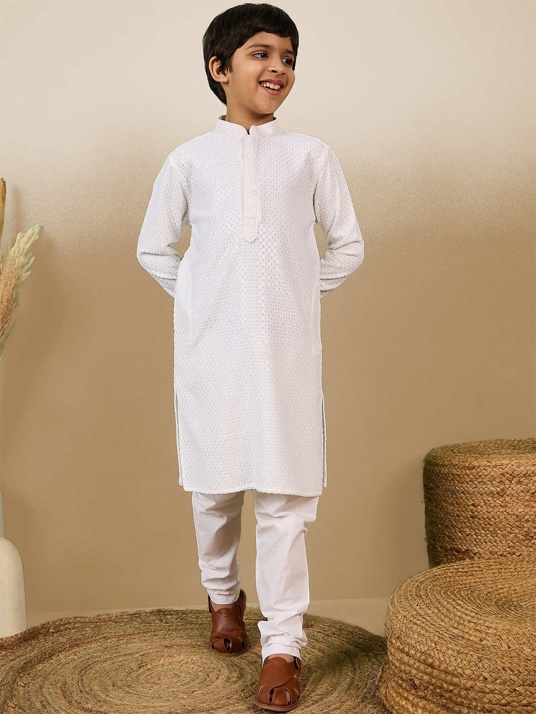 

Sanwara Boys Sequinned Straight Kurta with Pyjamas, White