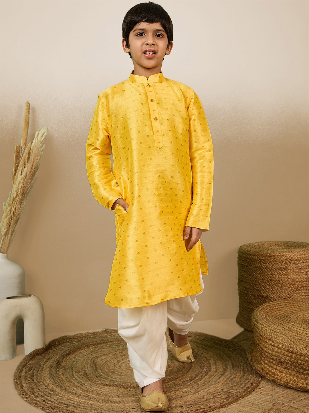 

Sanwara Boys Woven Design Mandarin Collar Jacquard Weave Straight Kurta With Dhoti Pants, Yellow