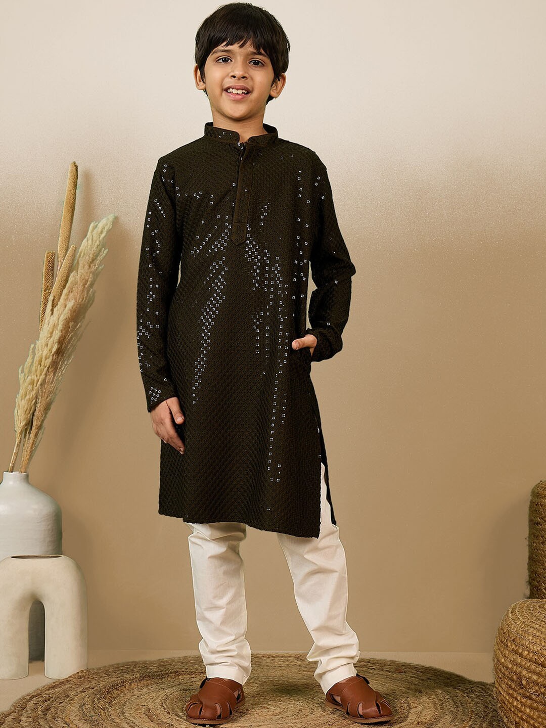 

Sanwara Boys Regular Sequinned Straight Kurta with Pyjamas, Olive