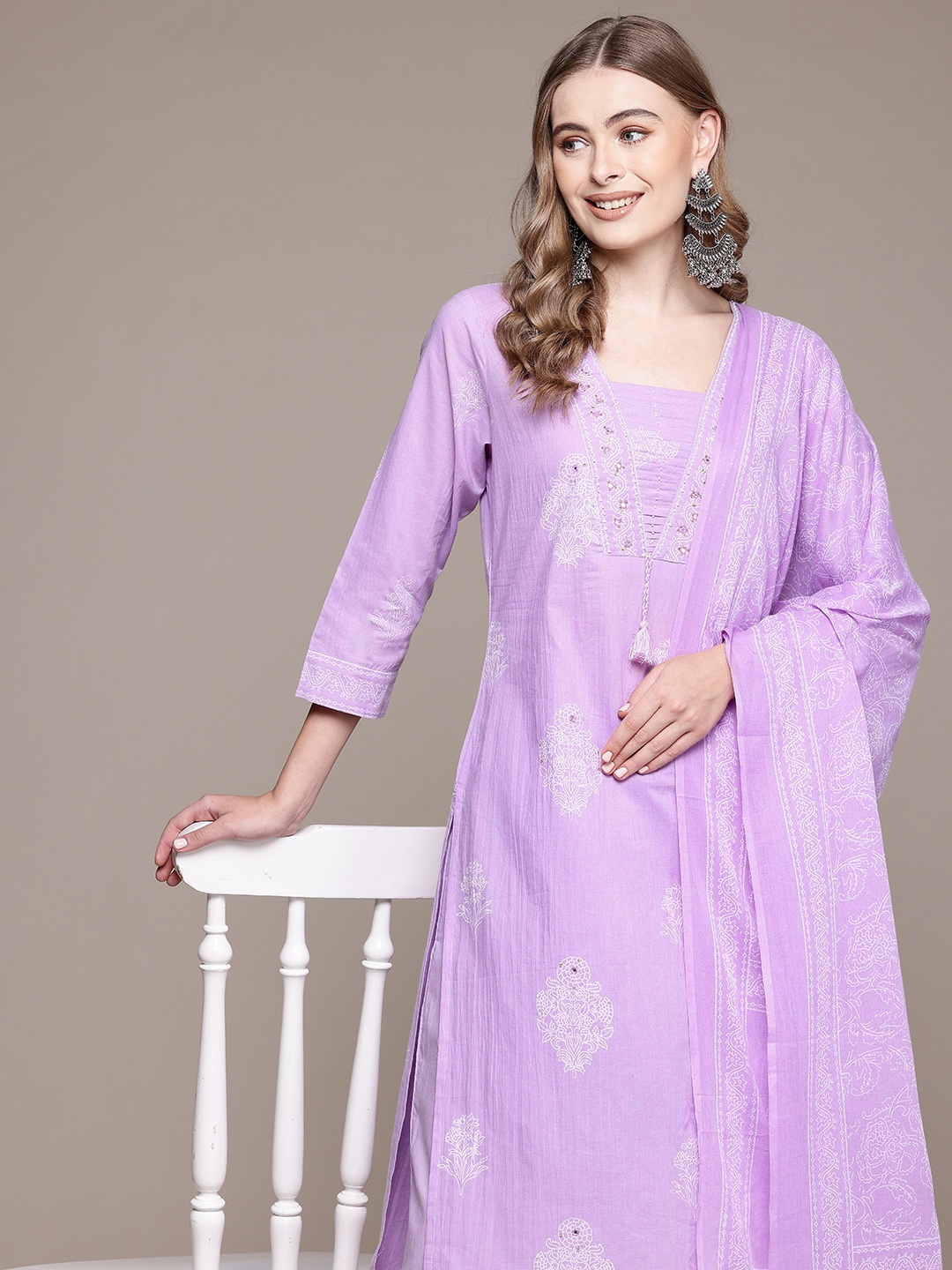 

Readiprint Women Floral Printed Beaded Cotton Kurta with Trousers & With Dupatta, Purple