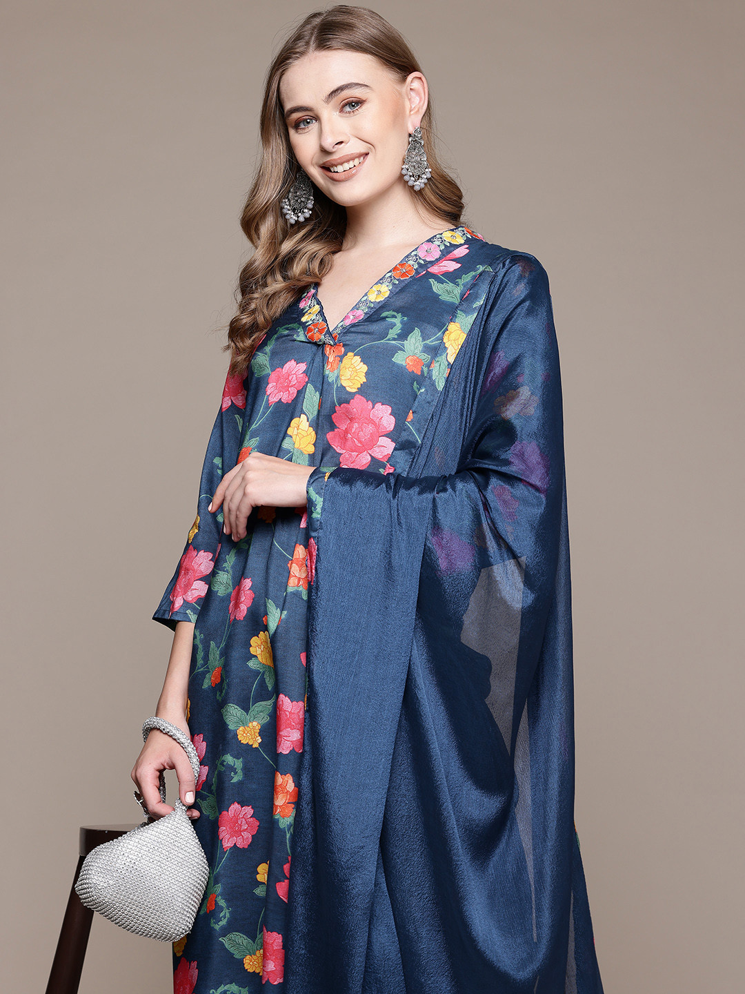 

Readiprint Women Floral Printed Pleated Thread Work Pure Silk Kurta with Trousers & With Dupatta, Blue