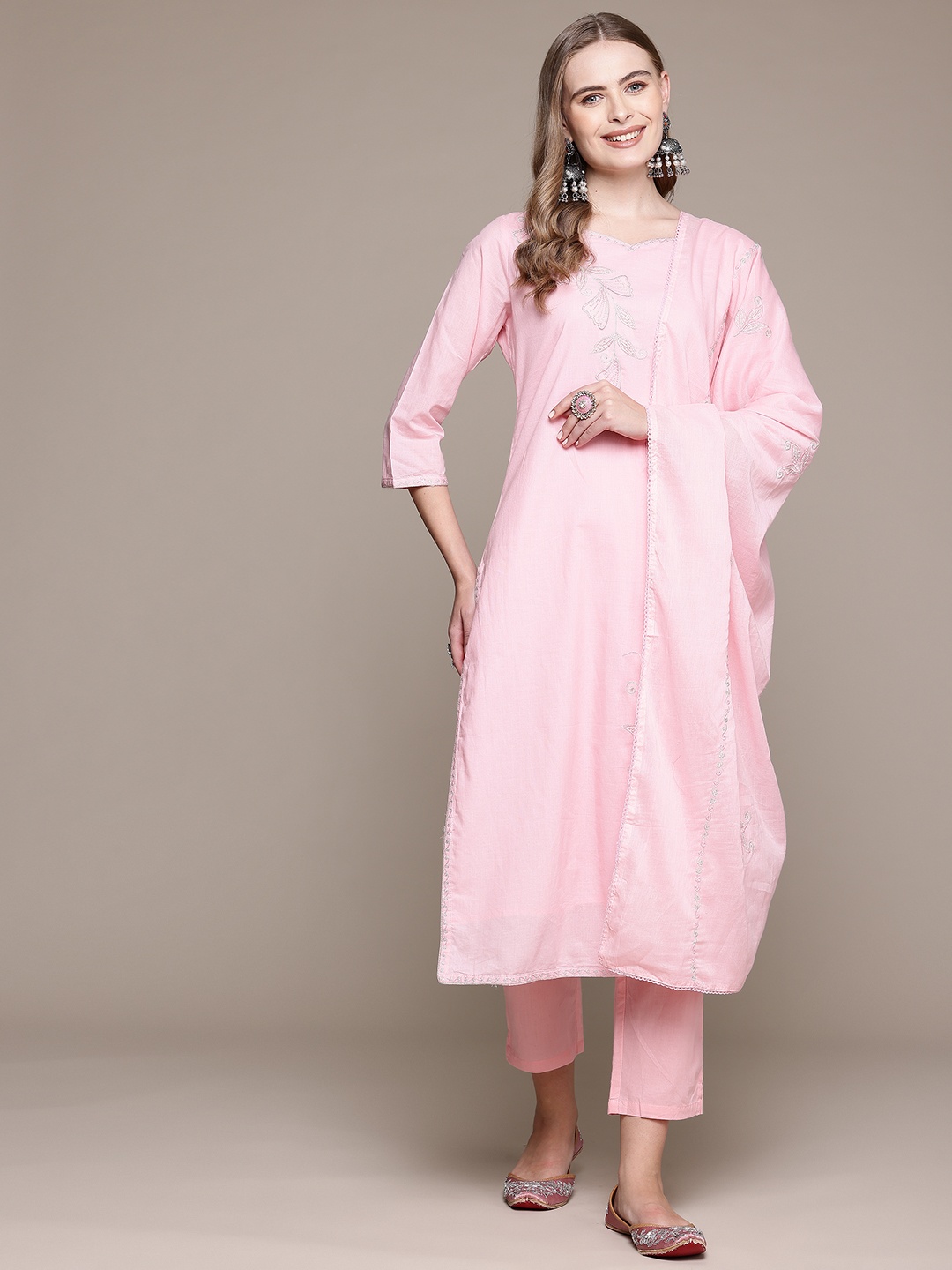 

Readiprint Women Floral Embroidered Cotton Kurta with Trousers & With Dupatta, Pink