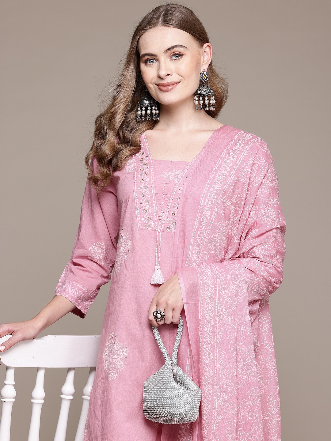 

Readiprint Women Floral Printed Beaded Cotton Kurta with Trousers & With Dupatta, Mauve