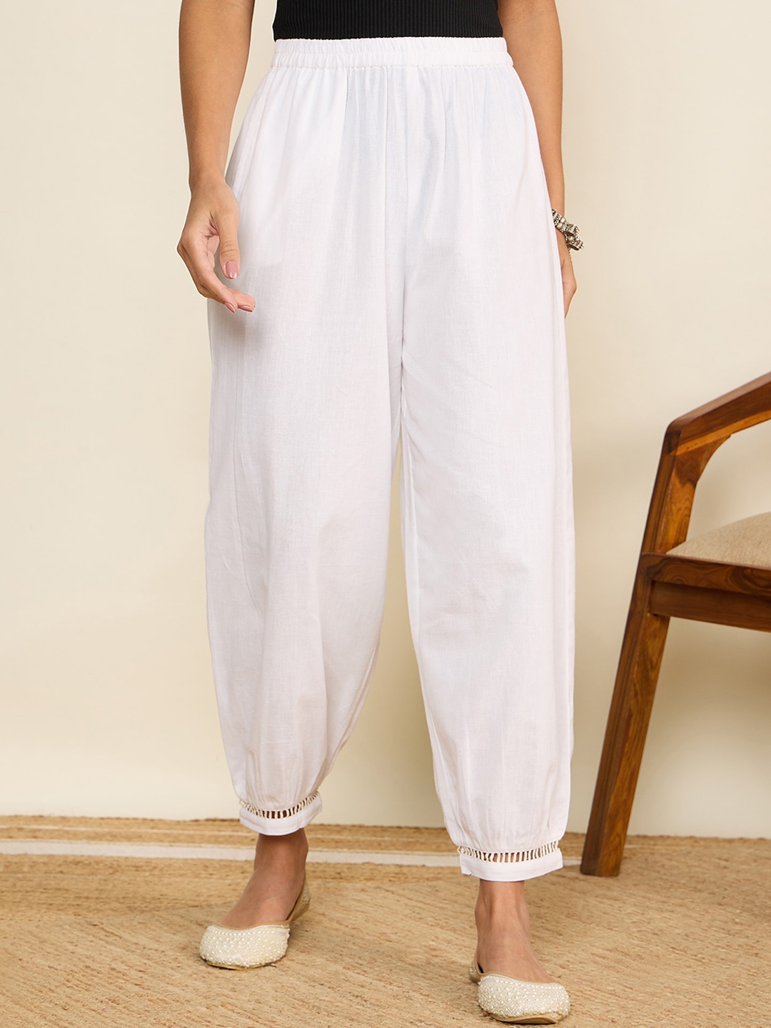 

WineRed Mid-Rise Laced Pure Cotton Salwar, White