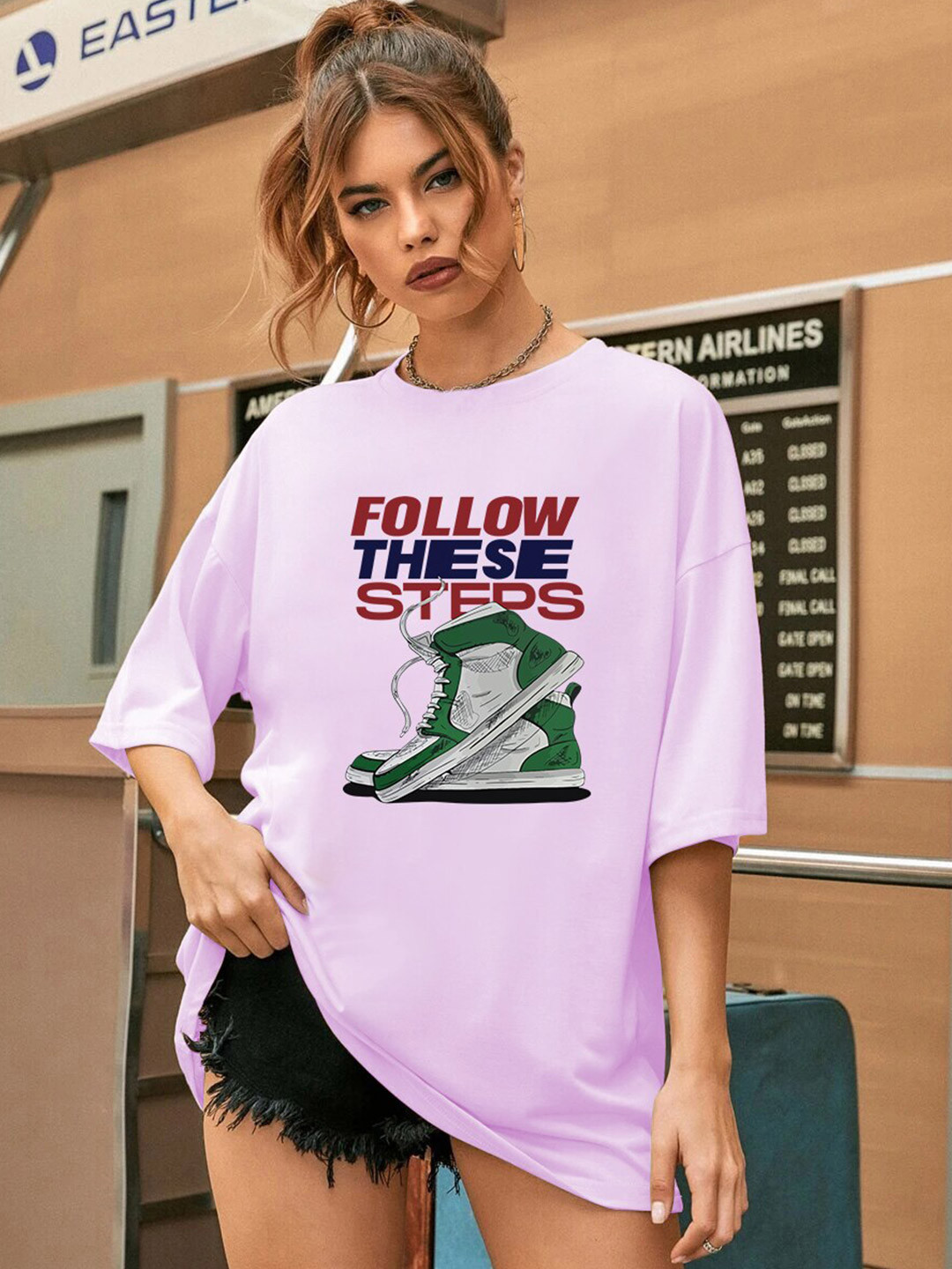 

CHKOKKO Oversized Typography Printed Drop-Shoulder Sleeves Cotton T-shirt, Lavender