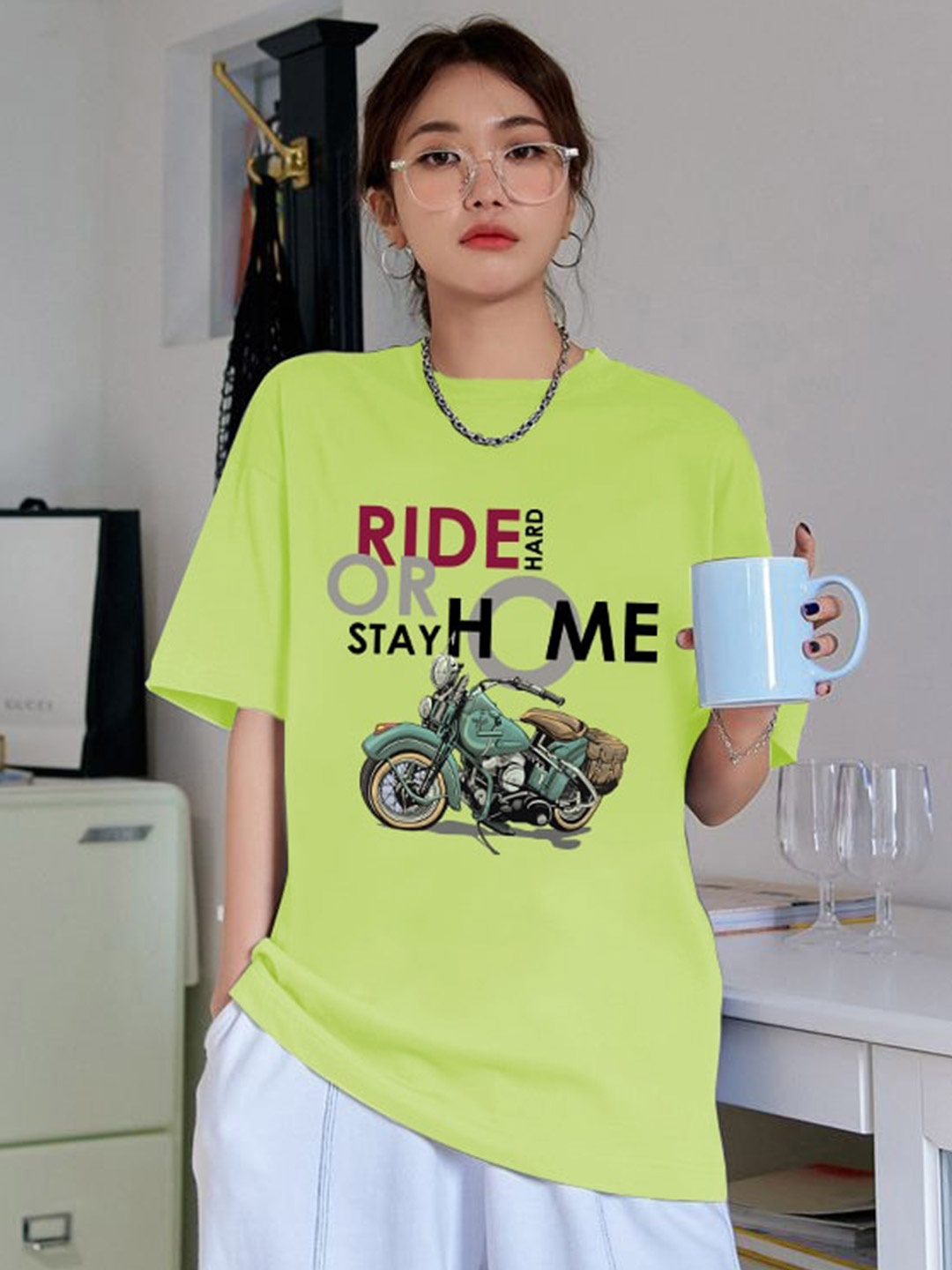 

CHKOKKO Oversized Graphic Printed Cotton T-shirt, Green