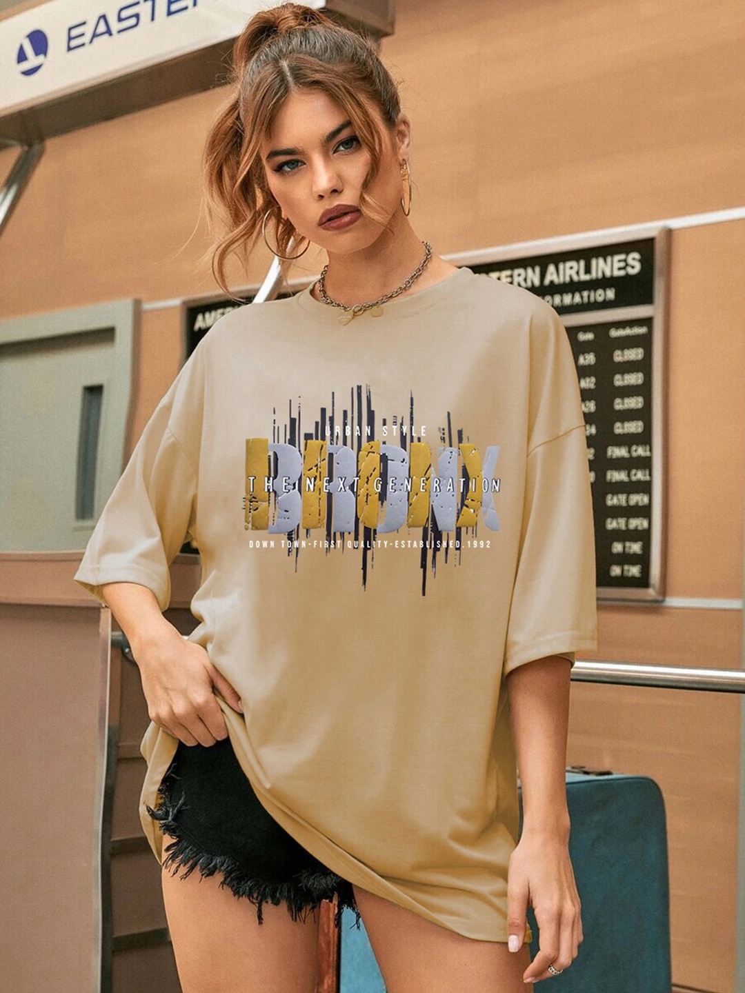 

CHKOKKO Typography Printed Round Neck Drop-Shoulder Sleeves Oversized Cotton T-shirt, Khaki