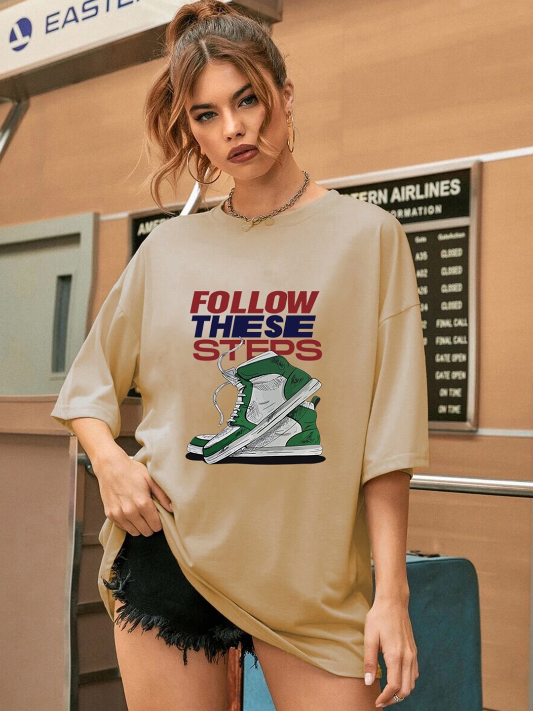 

CHKOKKO Typography Printed Round Neck Drop-Shoulder Sleeves Oversized Cotton T-shirt, Khaki