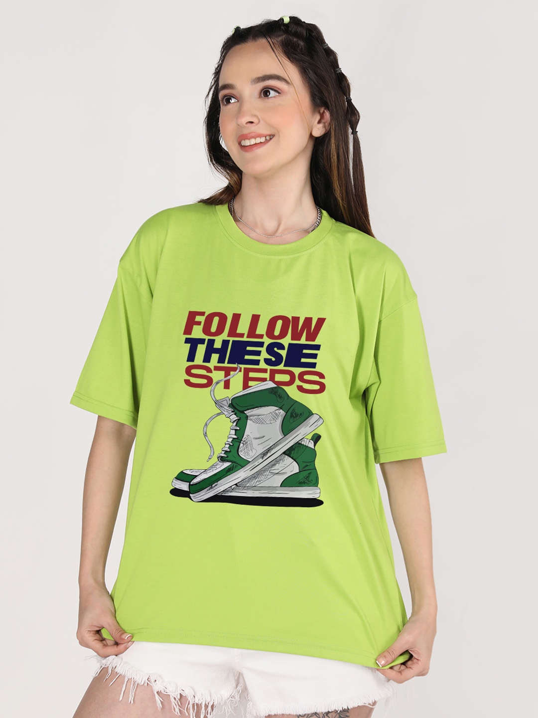 

CHKOKKO Typography Printed Round Neck Short Sleeves Cotton Oversized T-shirt, Green
