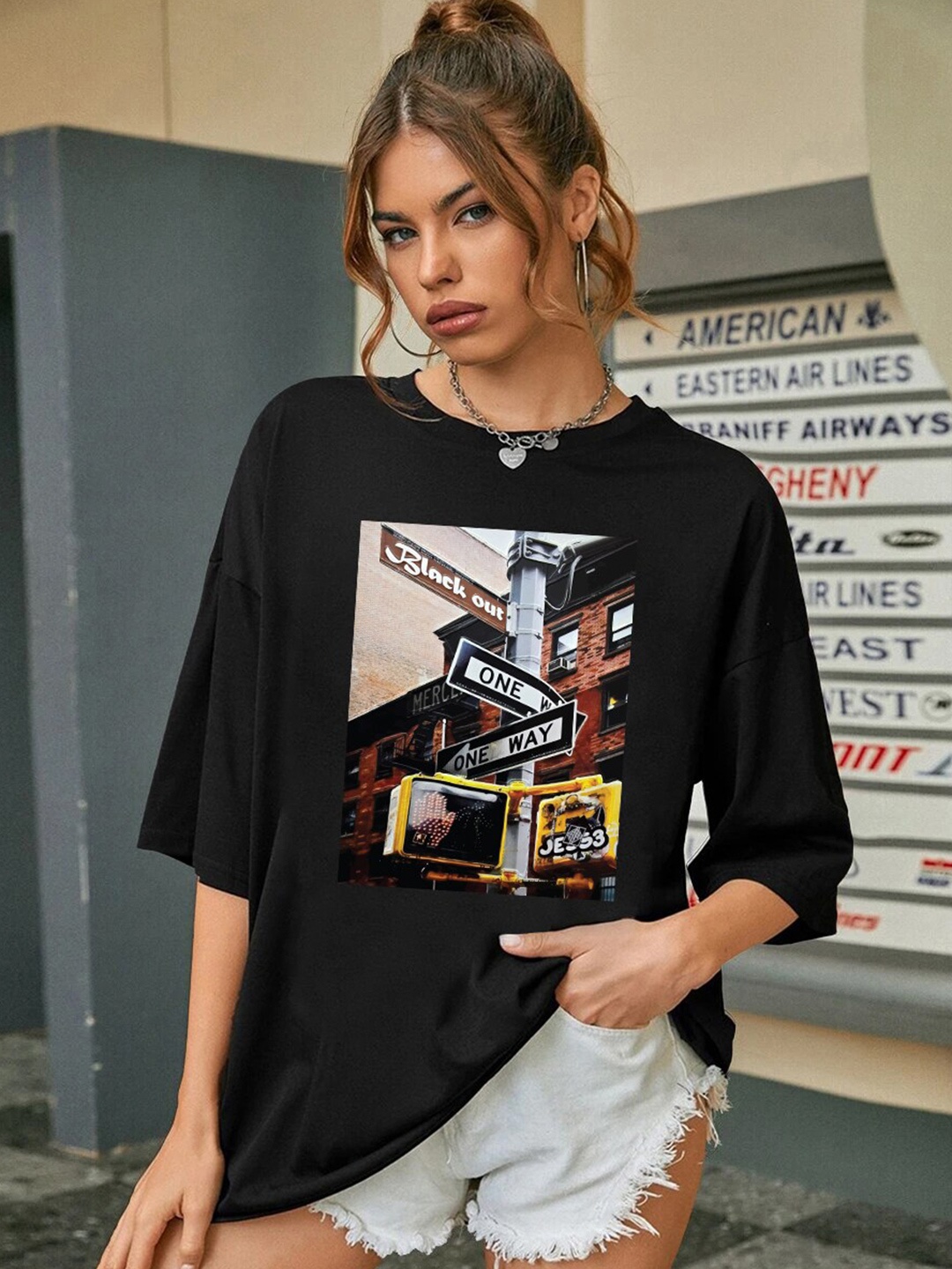 

CHKOKKO Oversized Graphic Printed Drop-Shoulder Sleeves Cotton T-shirt, Black