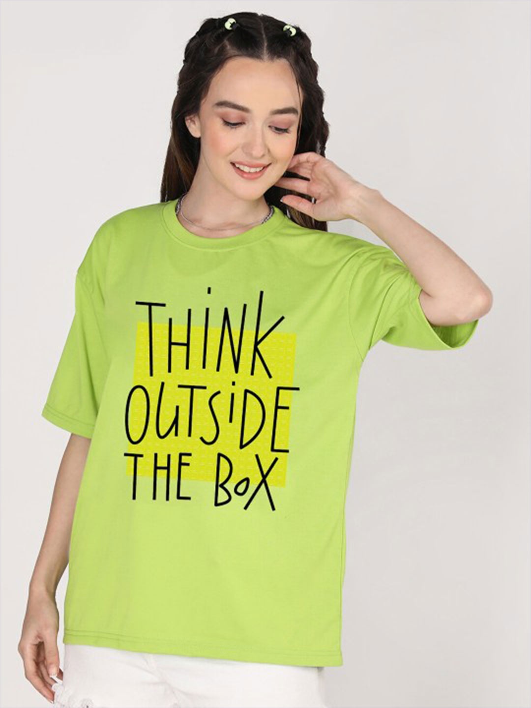 CHKOKKO Typography Printed Round Neck Short Sleeves Cotton Oversized T-shirt, Green
