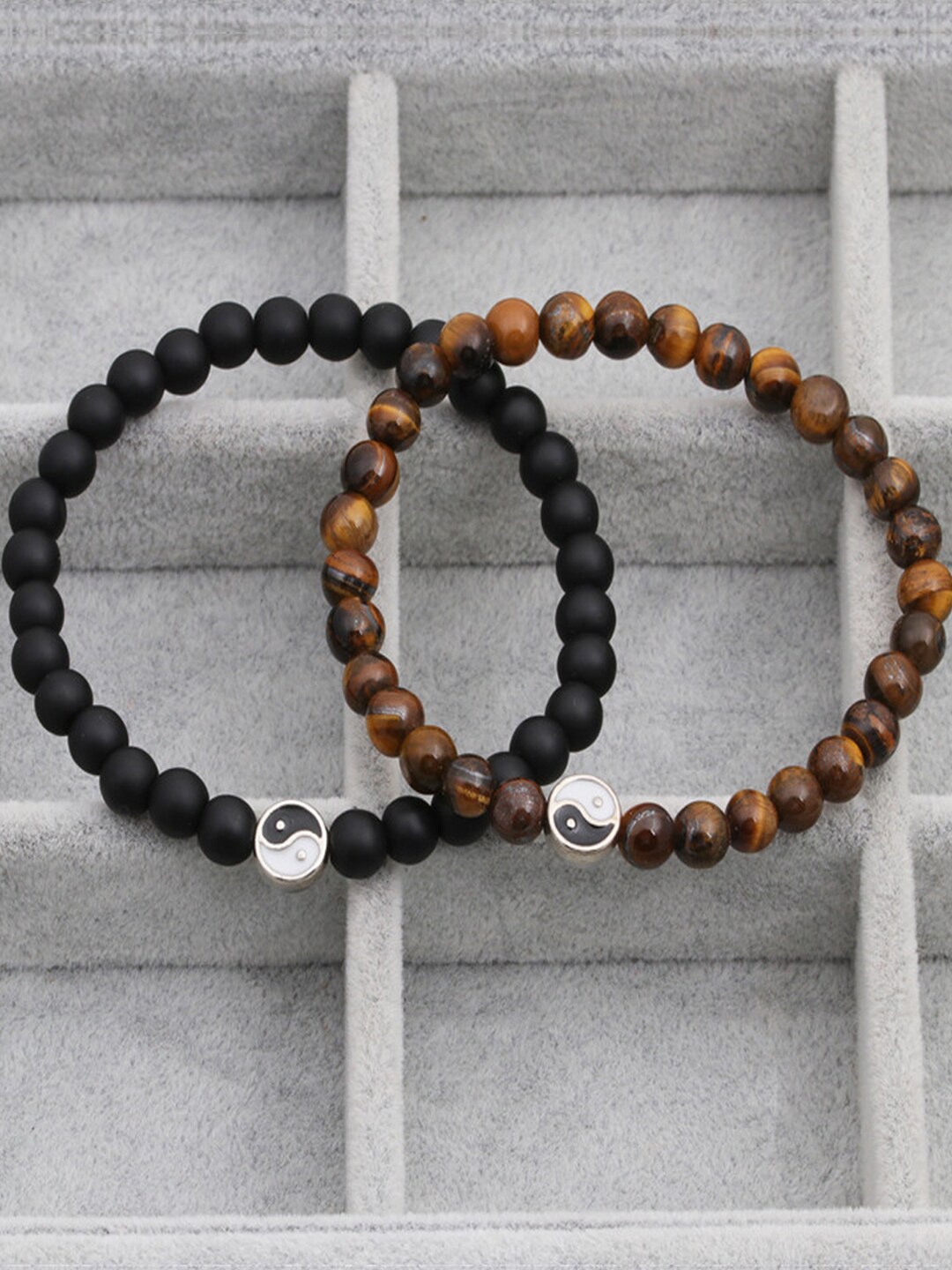 

Young & Forever Unisex Set Of 2 Brass-Plated Tigers Eye Charm Bracelet, Brown