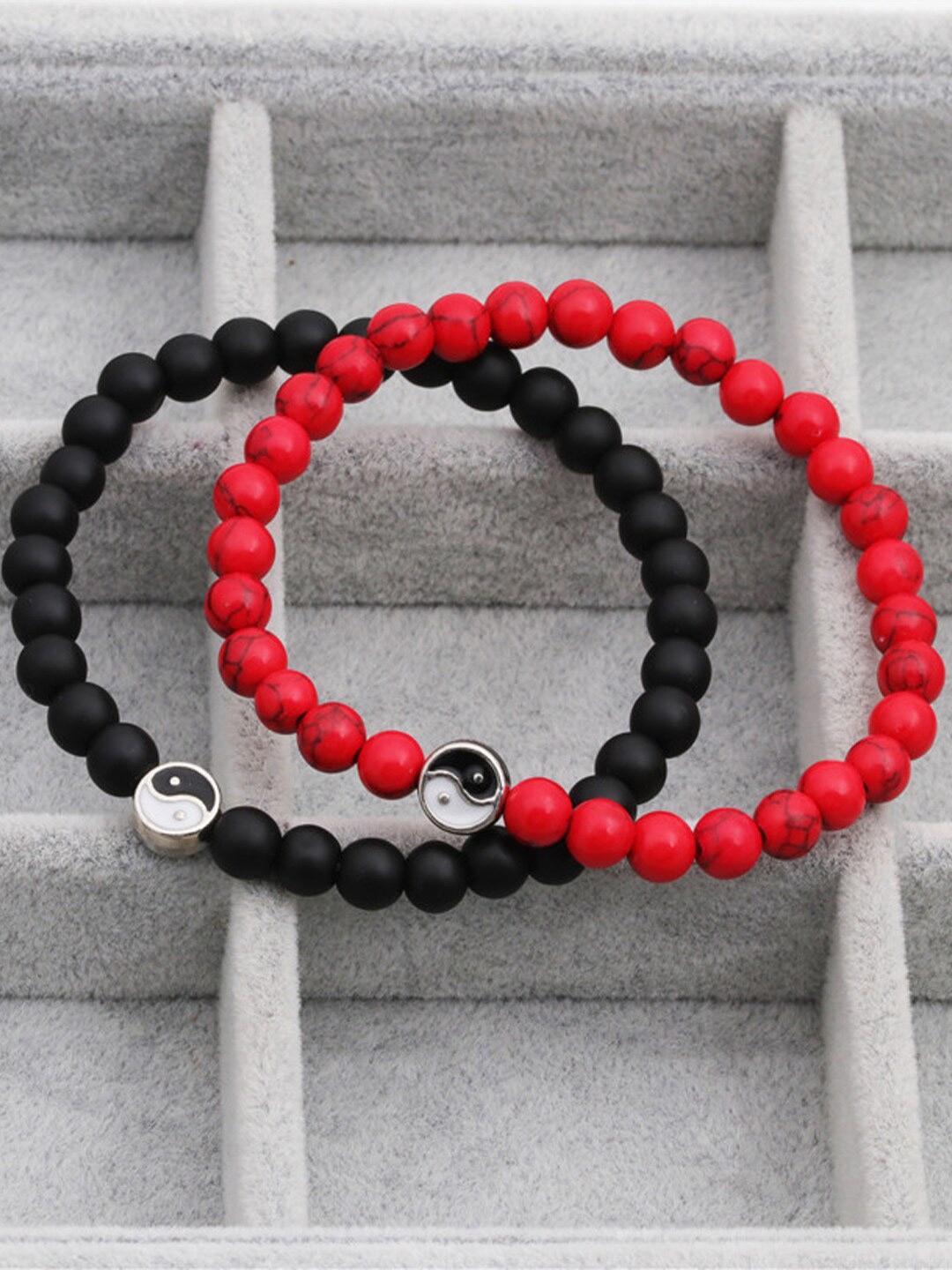 

Young & Forever Unisex Set Of 2 Brass-Plated Onyx Beaded Elasticated Bracelet, Red