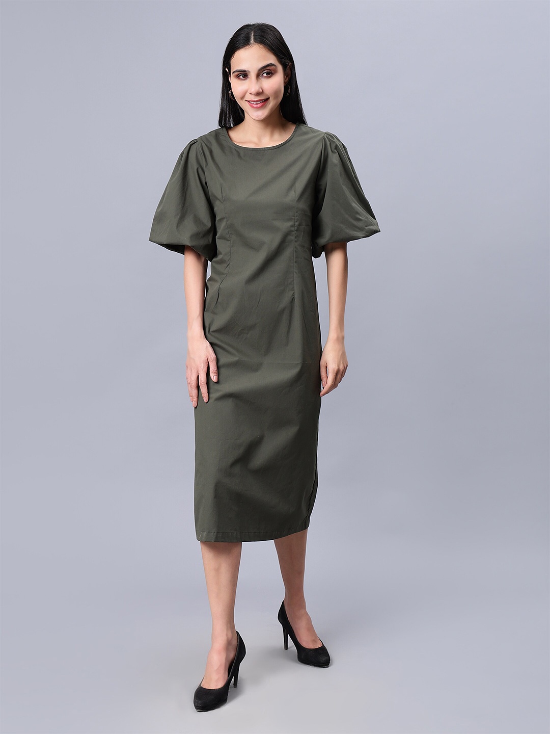 

Indyvarna Flared Sleeve Sheath Midi Dress, Green