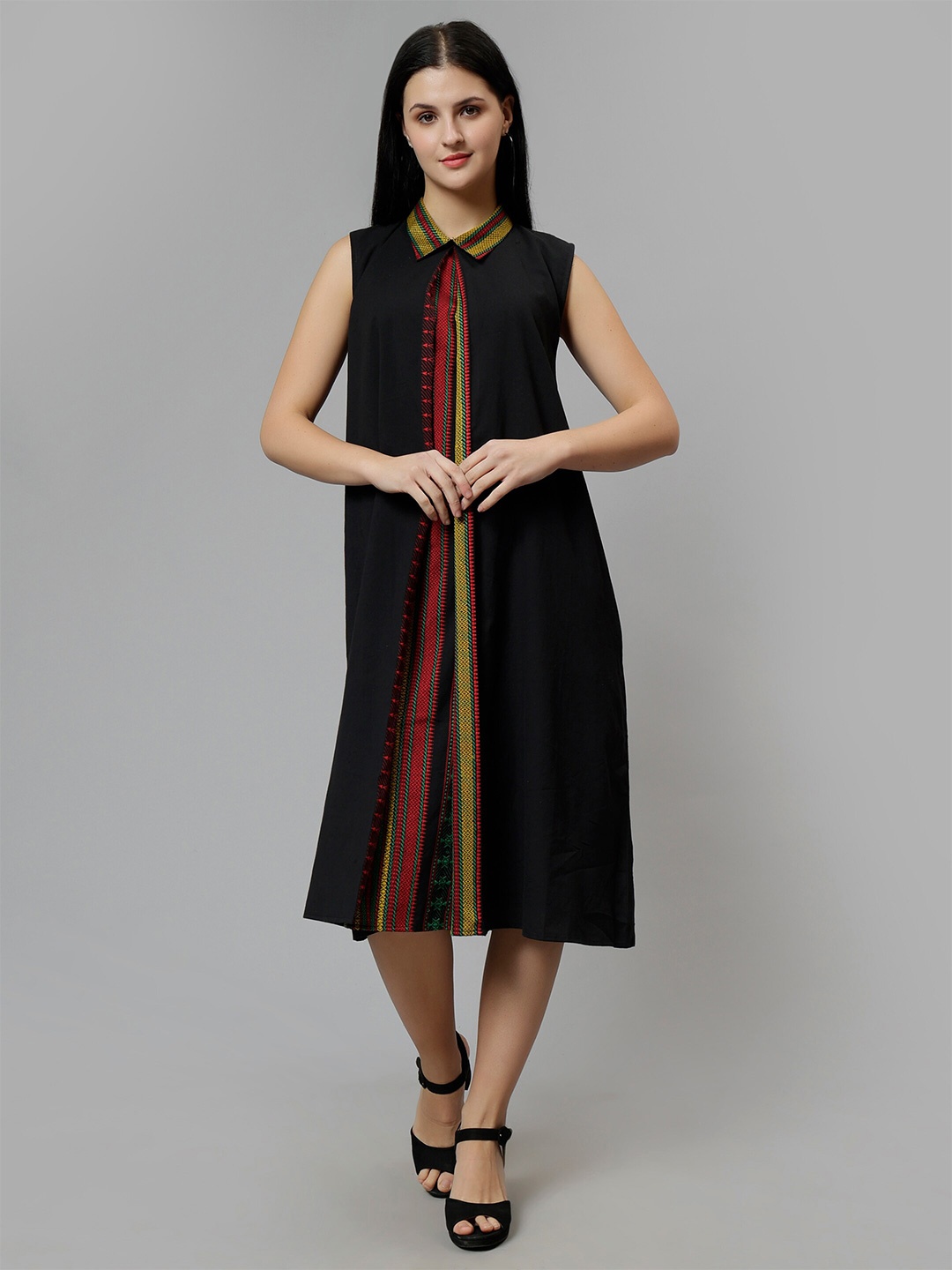 

Indyvarna Shirt Collar Sleeveless Cotton A-Line Midi Dress, Black