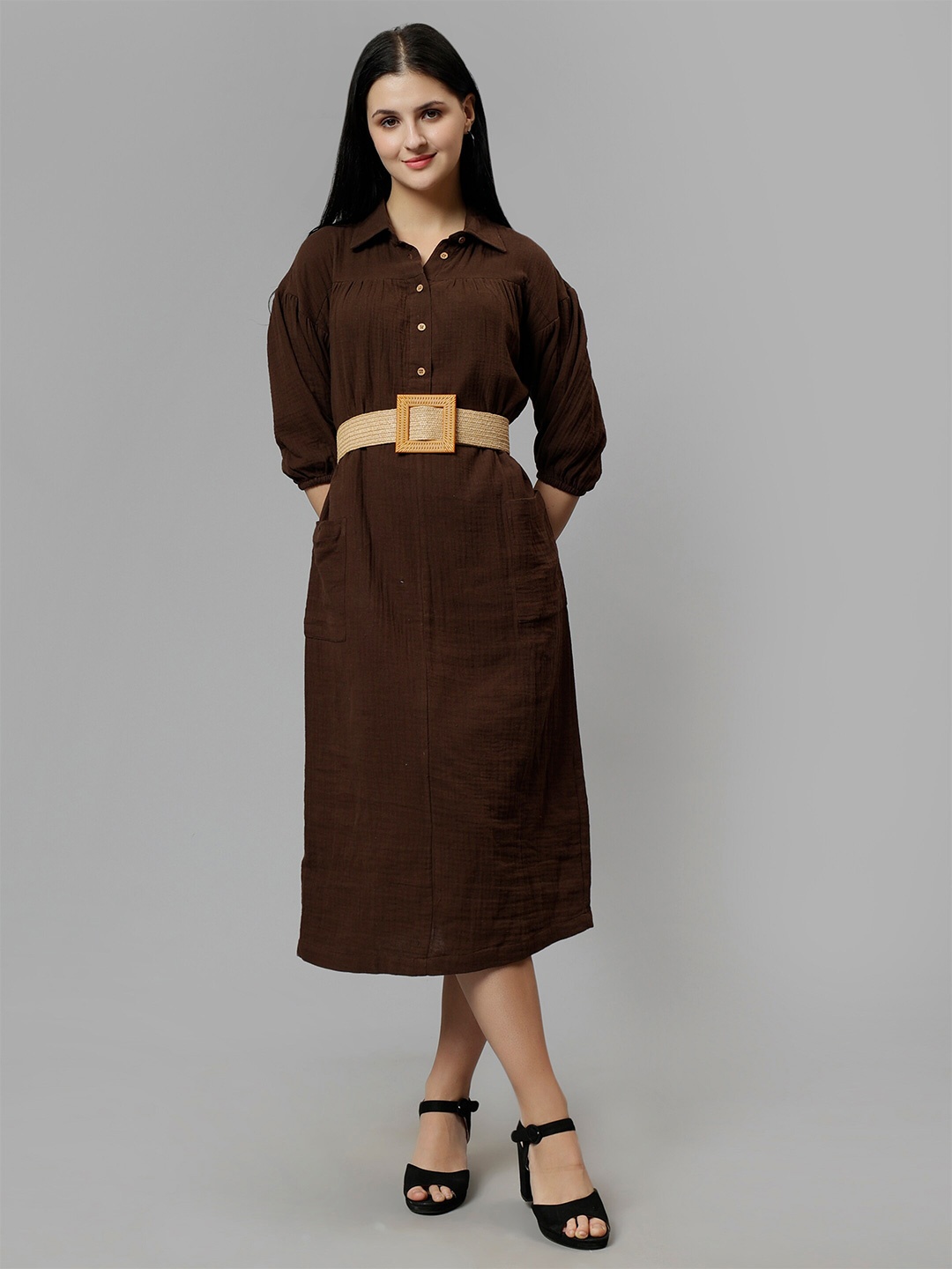 

Indyvarna Shirt Collar Three-Quarter Sleeves Cotton Midi Dress, Brown