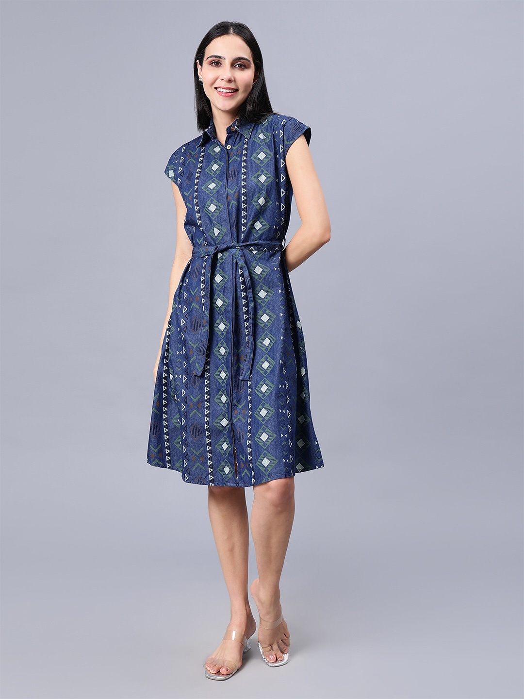 

Indyvarna Conversational Printed Shirt Collar Cap Sleeves Cotton Dress, Blue