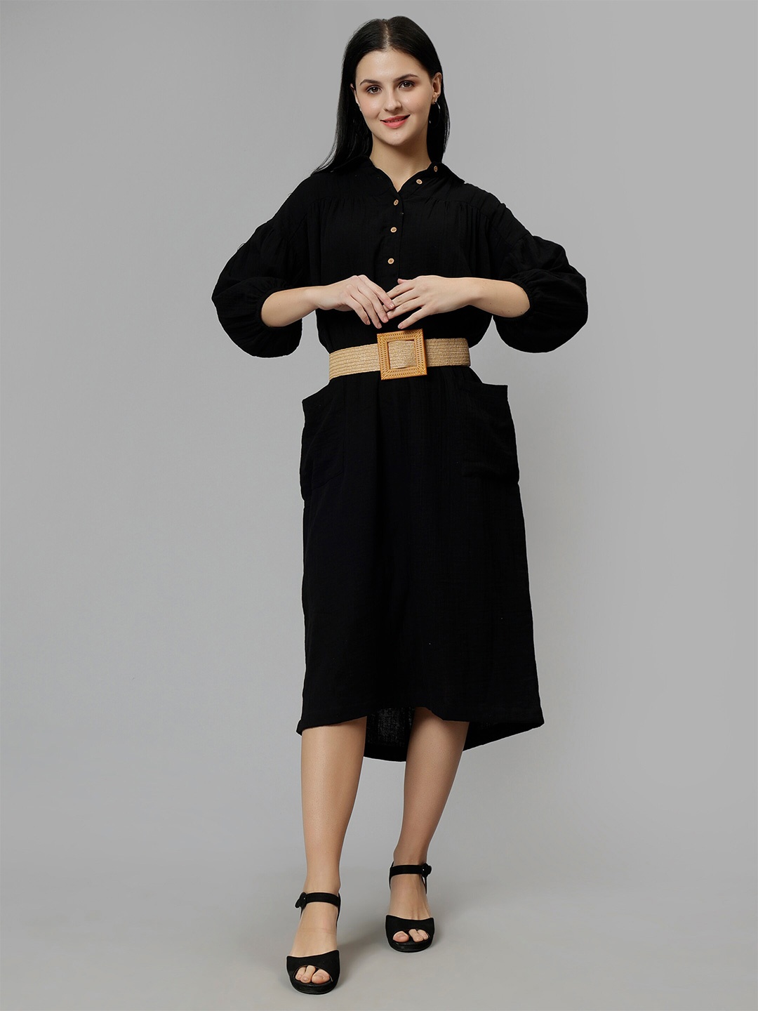 

Indyvarna Cotton Shirt Midi Dress With Belt, Black