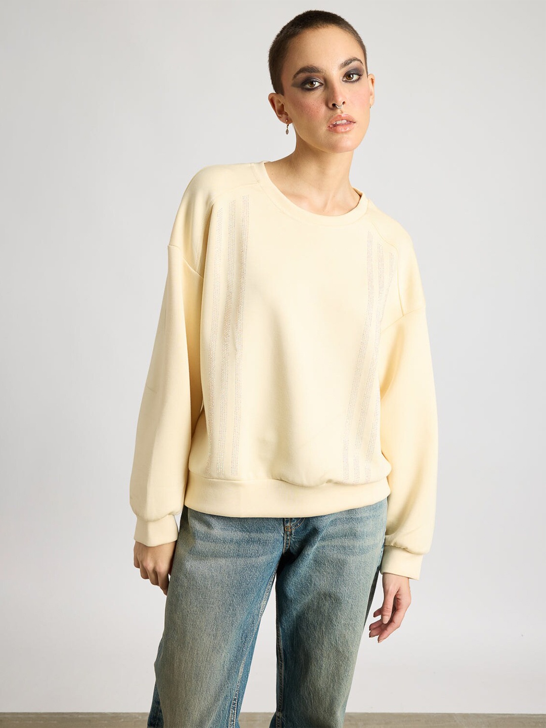 

FREAKINS Round Neck Long Sleeves Pullover Straight Sweatshirt, Beige