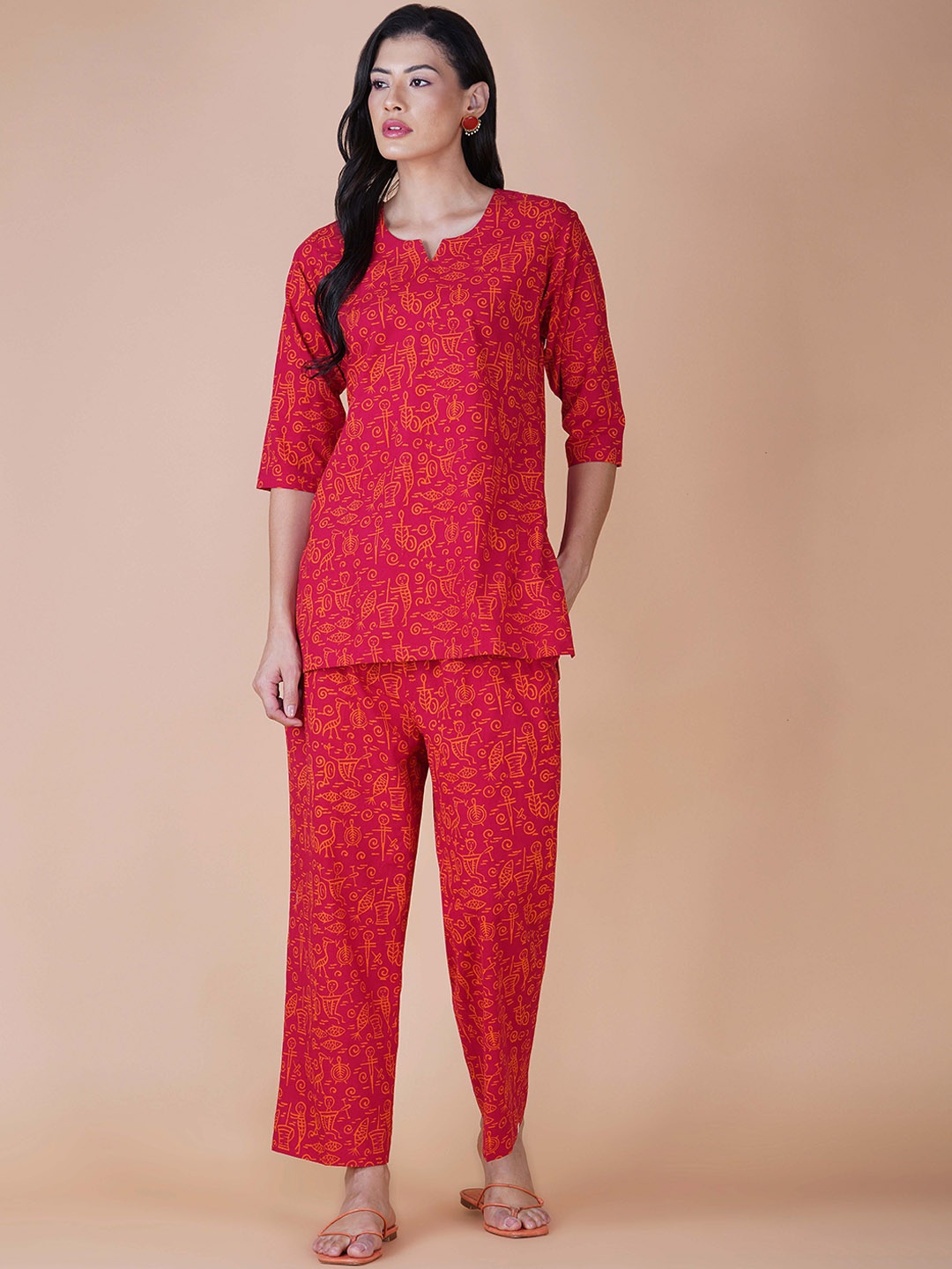 

TSUCCHI TRADITIONS Ethnic Motifs Printed Pure Cotton Top With Trousers, Pink