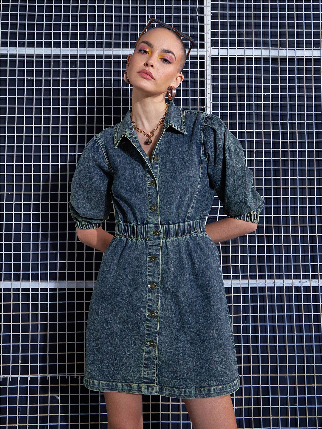 

SASSAFRAS Green Washed Denim A-Line Shirt Dress