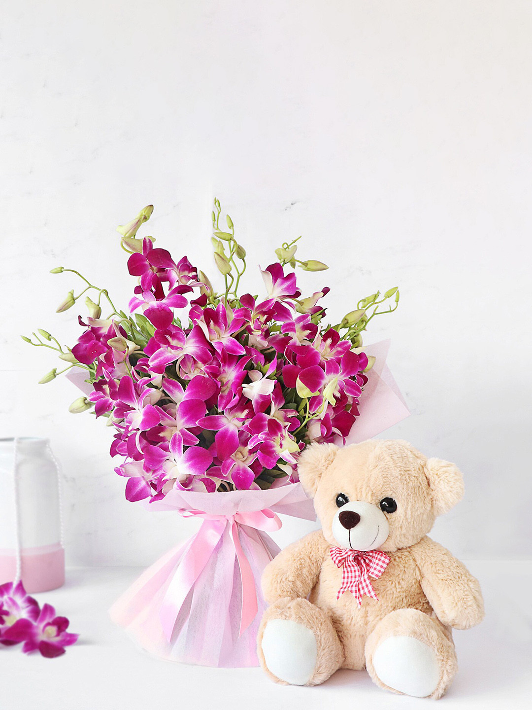 

IGP 10-Purple Orchids Fresh Flower Bouquet With Teddy