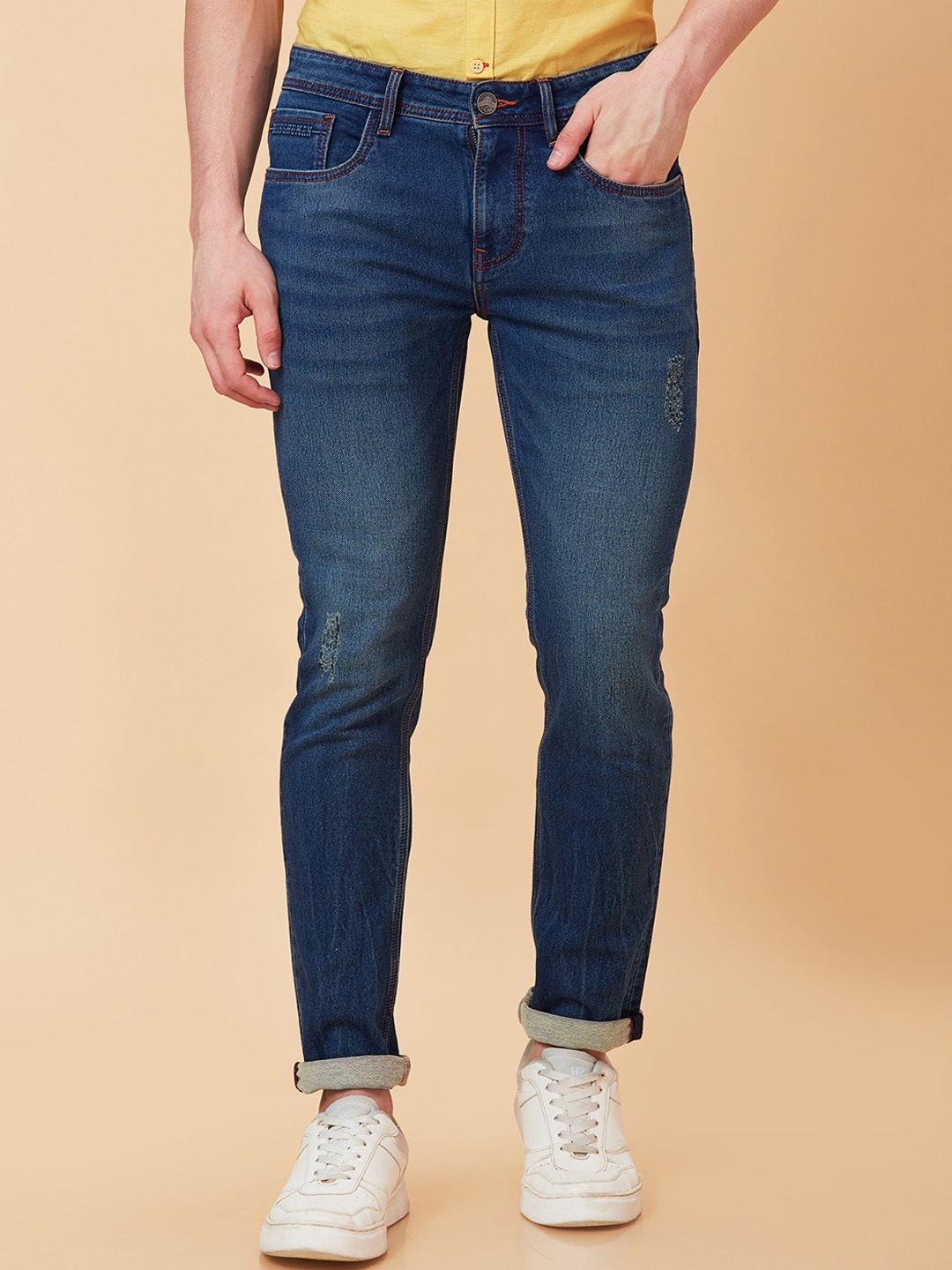 

Being Human Men Slim Fit Mid Rise Low Distress Light Fade Jeans, Blue