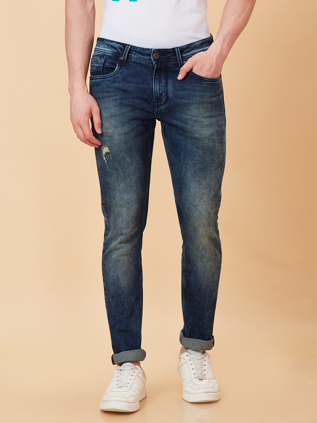 

Being Human Men Slim Fit Low Distress Light Fade Jeans, Blue