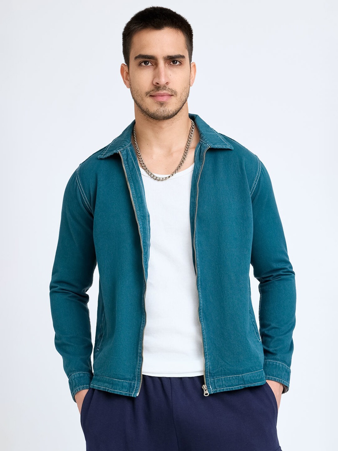 

FREAKINS Stand Collar Cotton Jacket, Blue