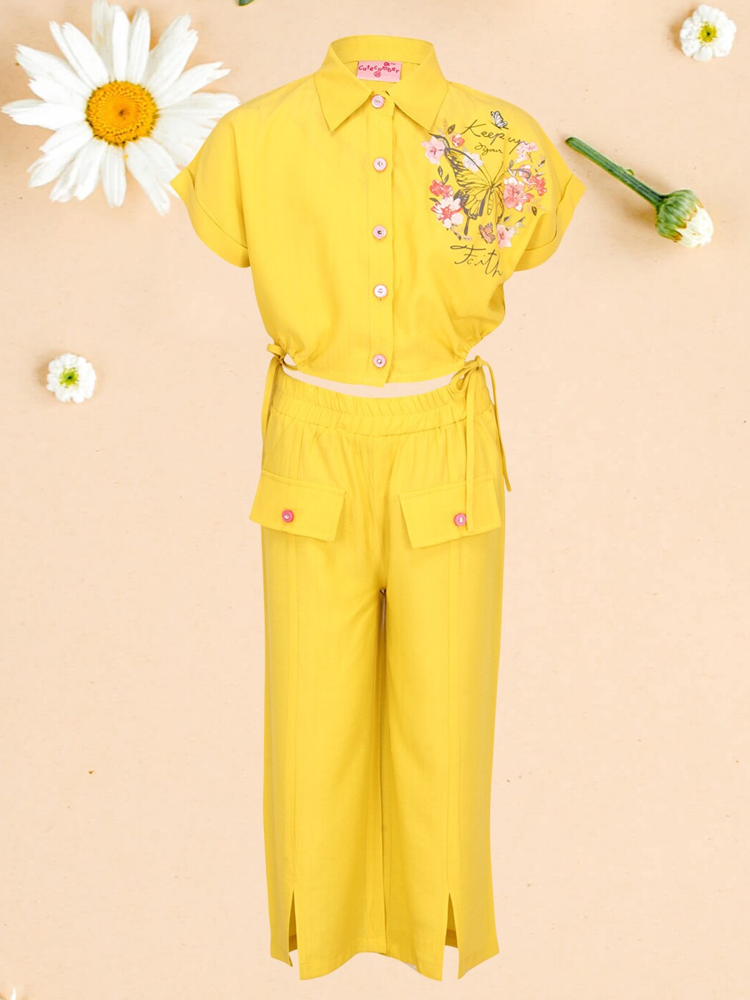 

CUTECUMBER Girls Floral Printed Shirt With Trouser, Yellow