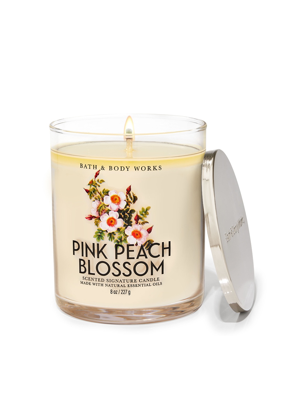 

Bath & Body Works Pink Peach Blossom Signature Single Wick Candle with Essential Oil- 227g, Off white