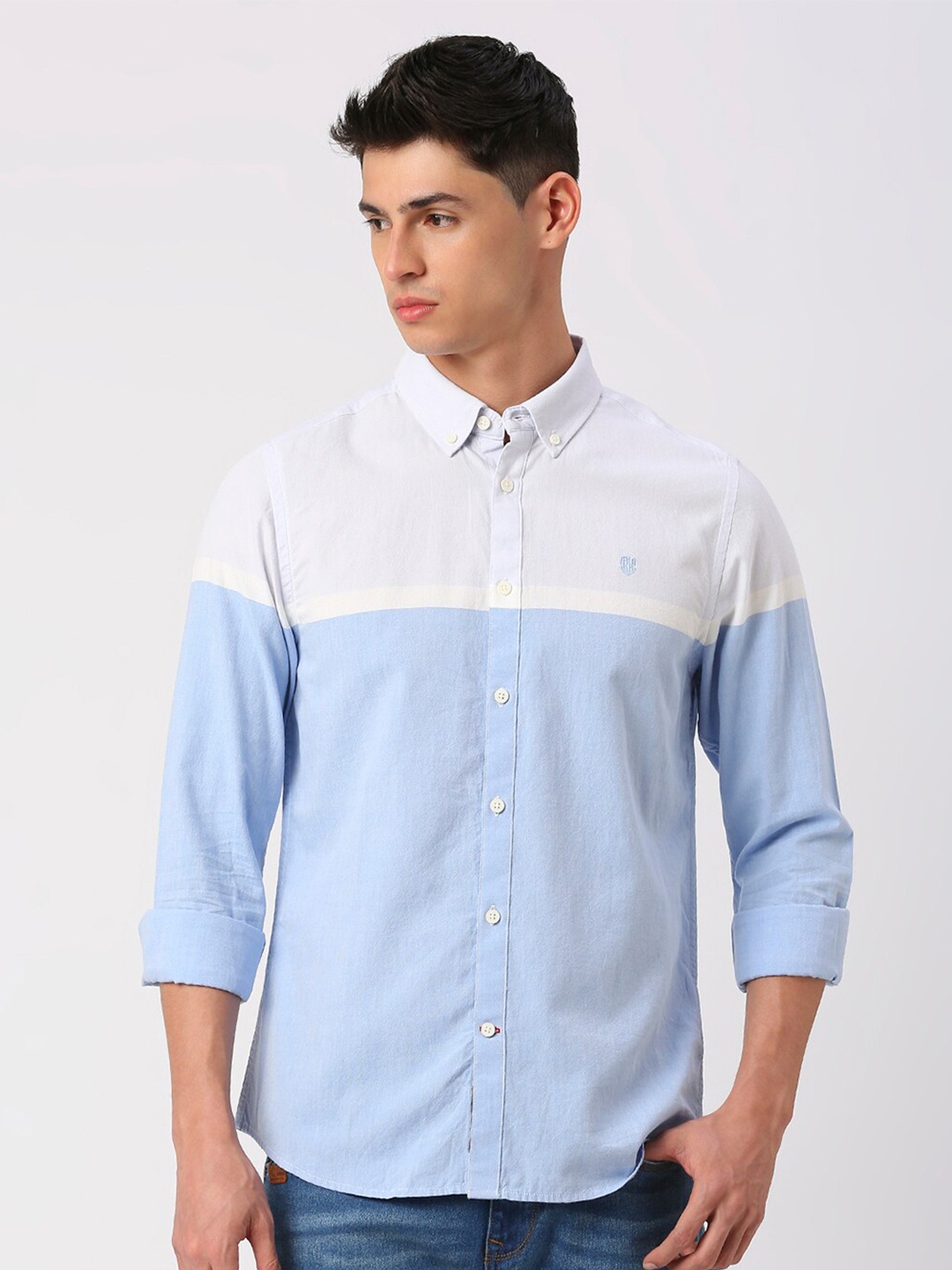 

Being Human Slim Fit Colourblocked Button Down Collar Opaque Casual Shirt, Blue