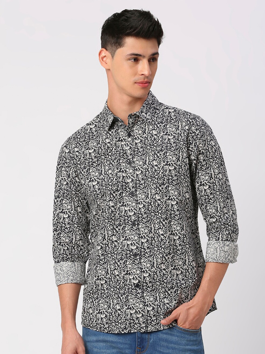 

Being Human Floral Printed Cotton Slim Fit Casual Shirt, Black