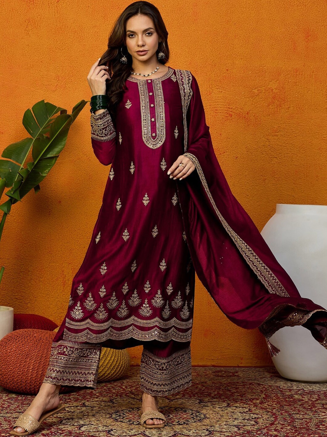 

AHIKA Embroidered Regular Zari Straight Kurta With Palazzos & Dupatta, Maroon