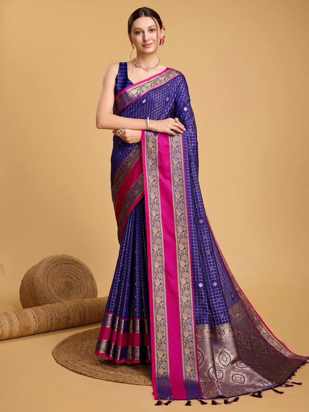 

Nimidiya Checked Zari Designer Banarasi Saree, Blue